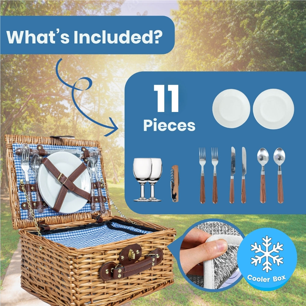 Compact 2-Person Wicker Picnic Basket Set - Red/Blue