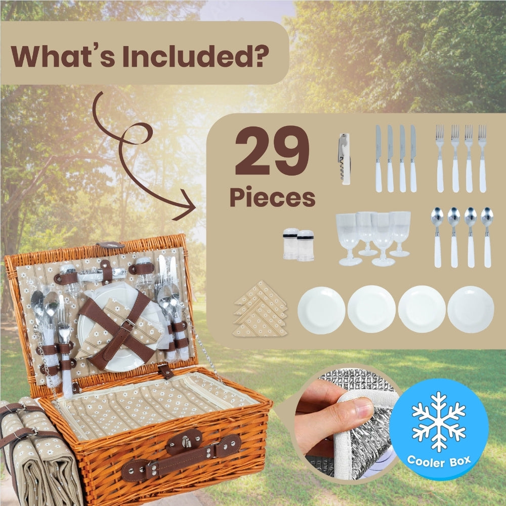 Classic Full Willow Wicker Basket – 4-Person Picnic Set with Blanket - Sand Flower