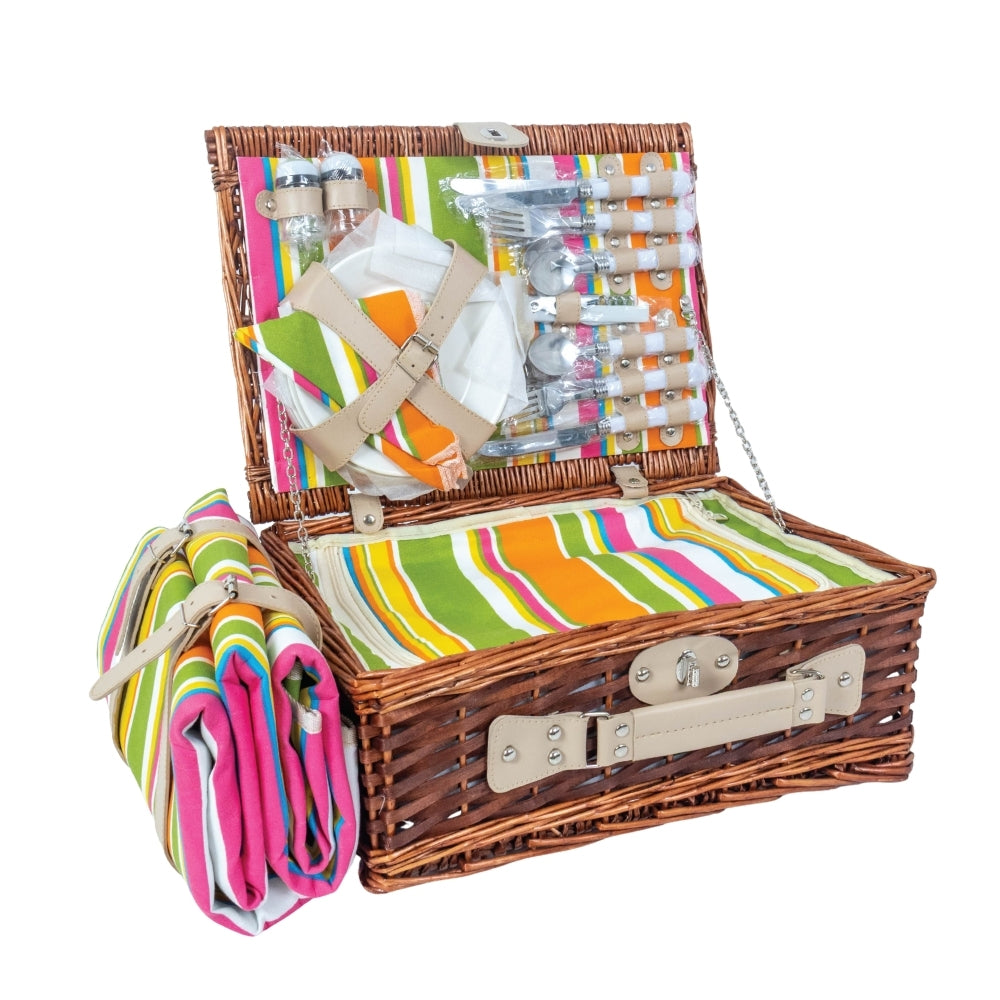 Classic Full Willow Wicker Basket – 4-Person Picnic Set with Blanket - Orange Stripes