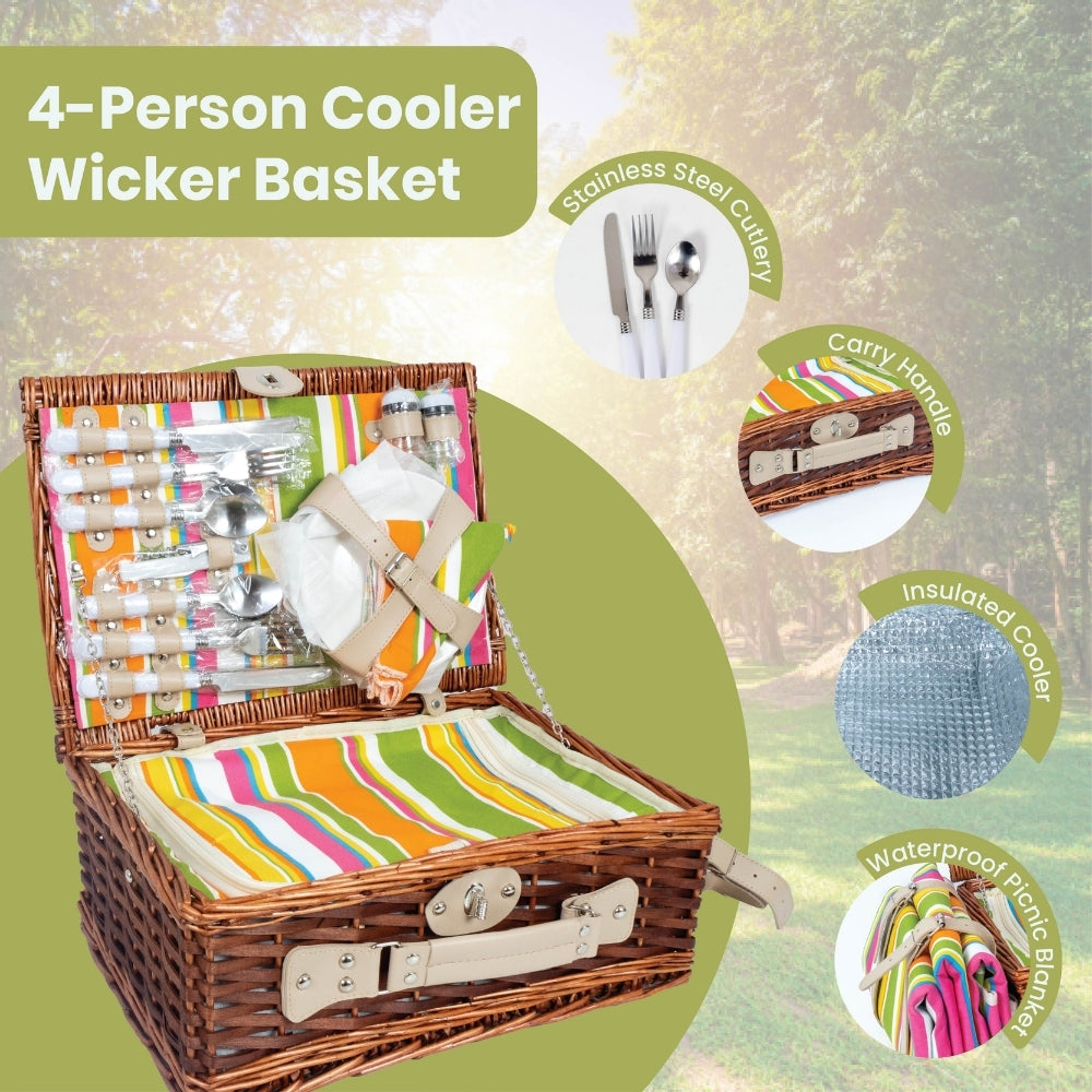 Classic Full Willow Wicker Basket – 4-Person Picnic Set with Blanket - Orange Stripes