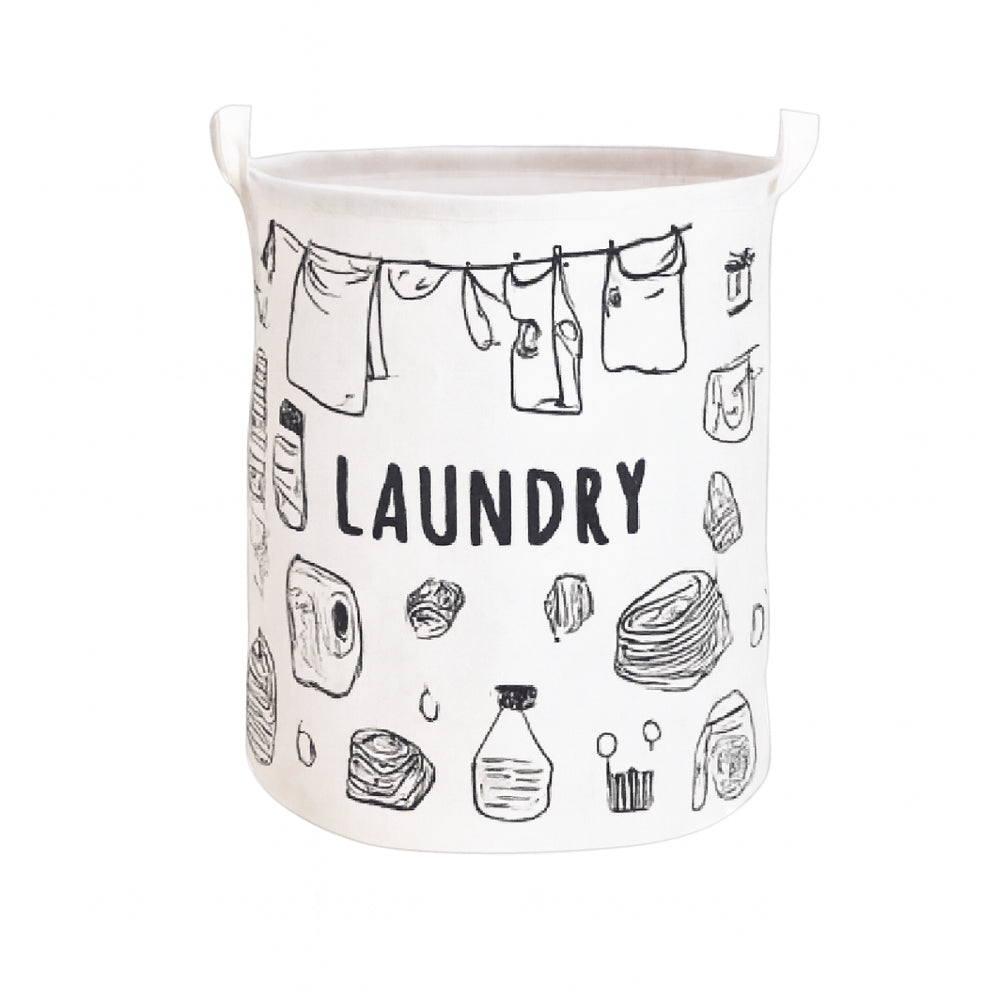 Laundry Basket & Laundry Bag – White Fabric Bag with Black Design Print - 3 Designs