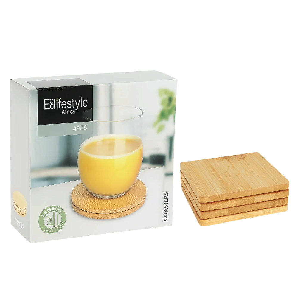 Premium Bamboo Coasters for Drinks – 4 Piece Set, Round or Square Styles