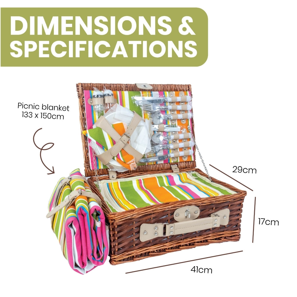 Classic Full Willow Wicker Basket – 4-Person Picnic Set with Blanket - Orange Stripes