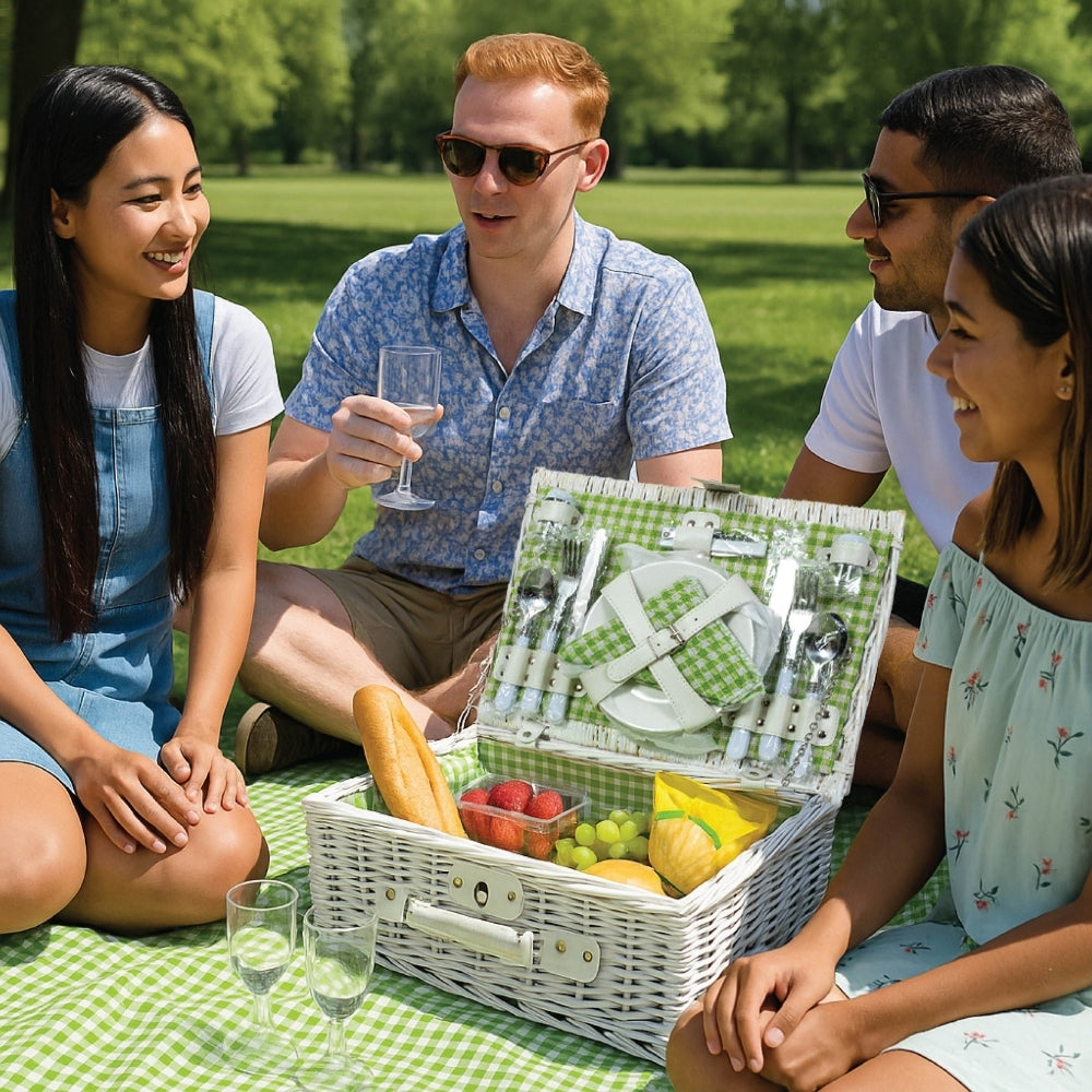Classic Full Willow Wicker Basket – 4-Person Picnic Set with Blanket - Green Check
