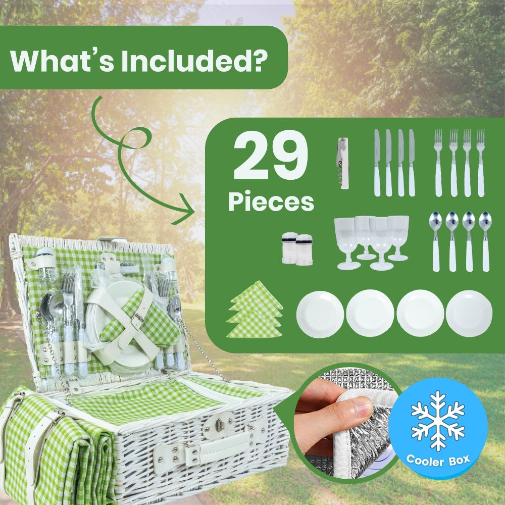 Classic Full Willow Wicker Basket – 4-Person Picnic Set with Blanket - Green Check
