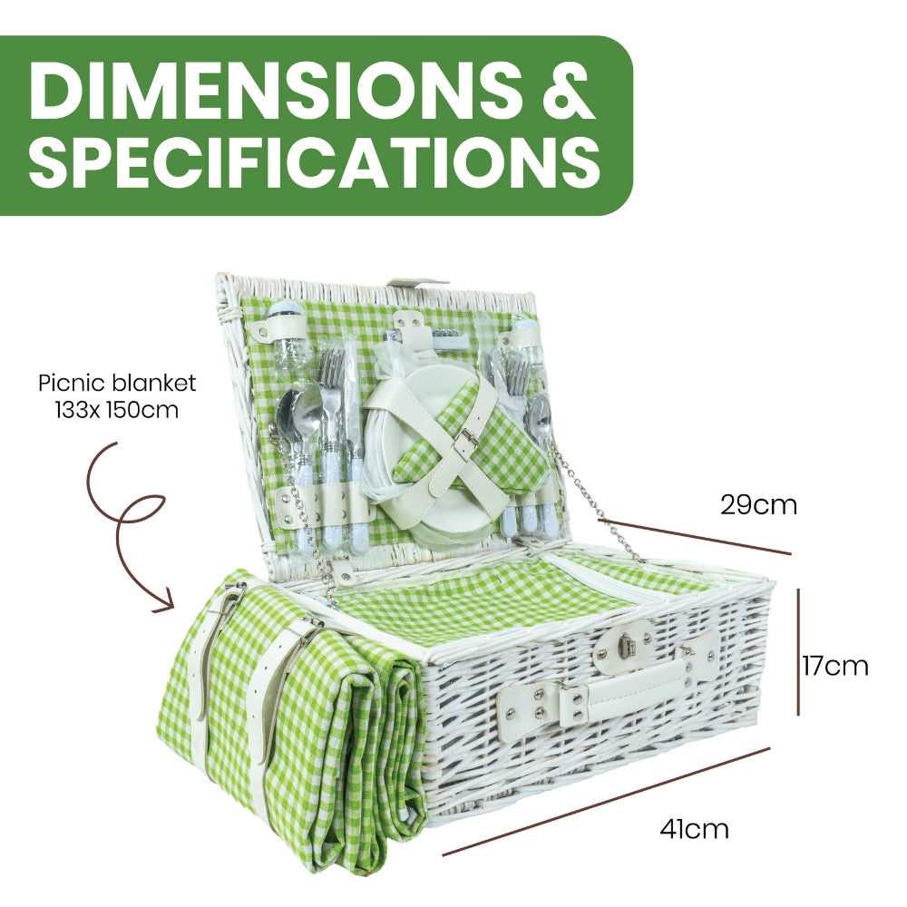 Classic Full Willow Wicker Basket – 4-Person Picnic Set with Blanket - Green Check