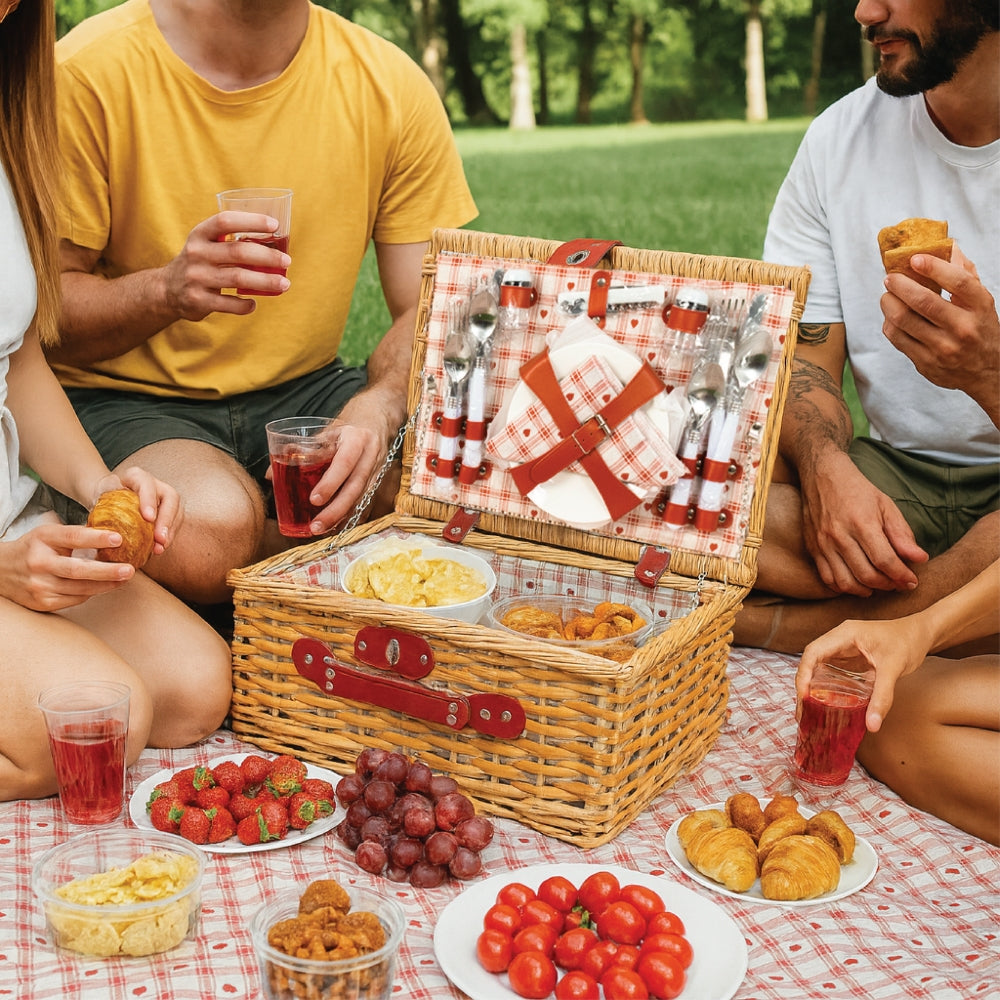 Classic Full Willow Wicker Basket – 4-Person Picnic Set with Blanket - Red Hearts