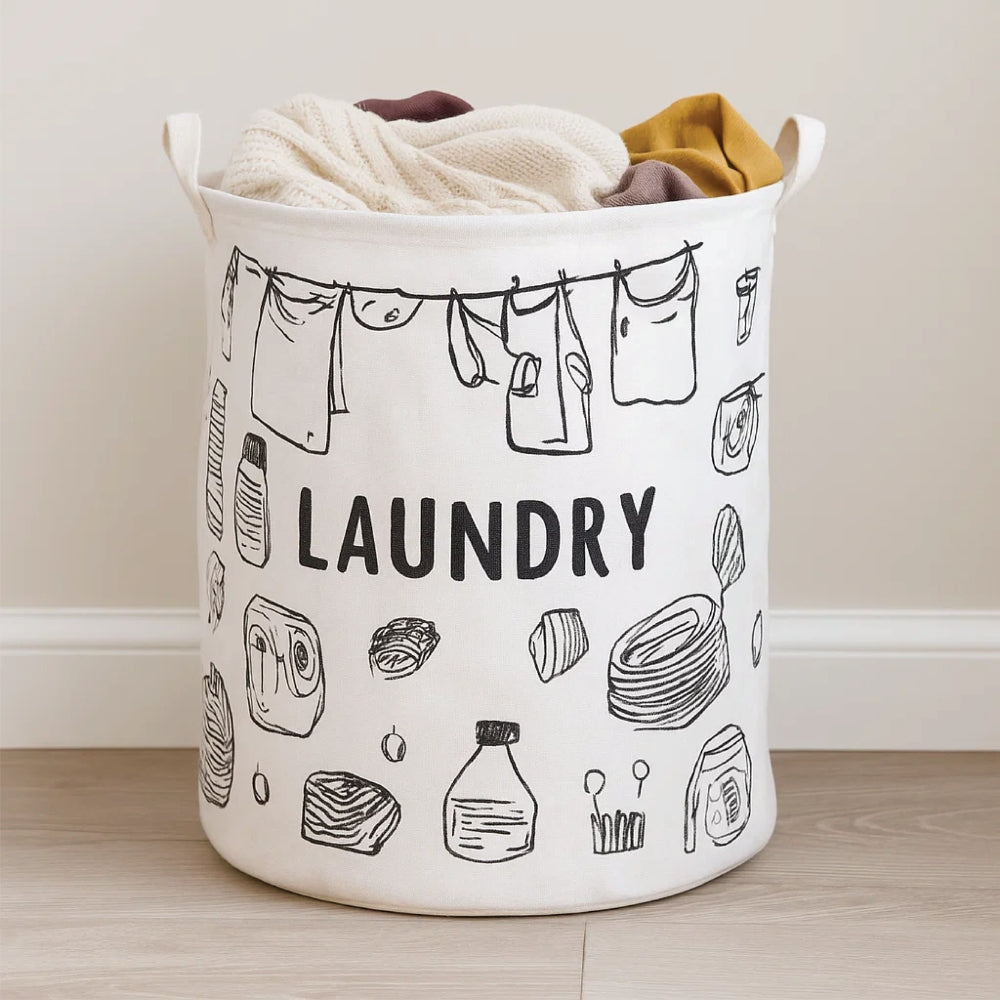 Laundry Basket & Laundry Bag – White Fabric Bag with Black Design Print - 3 Designs
