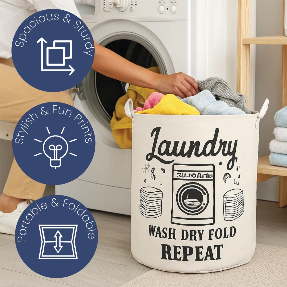 Cotton Laundry Basket – Fabric Bag with Fun Printed Designs, 3 Colours