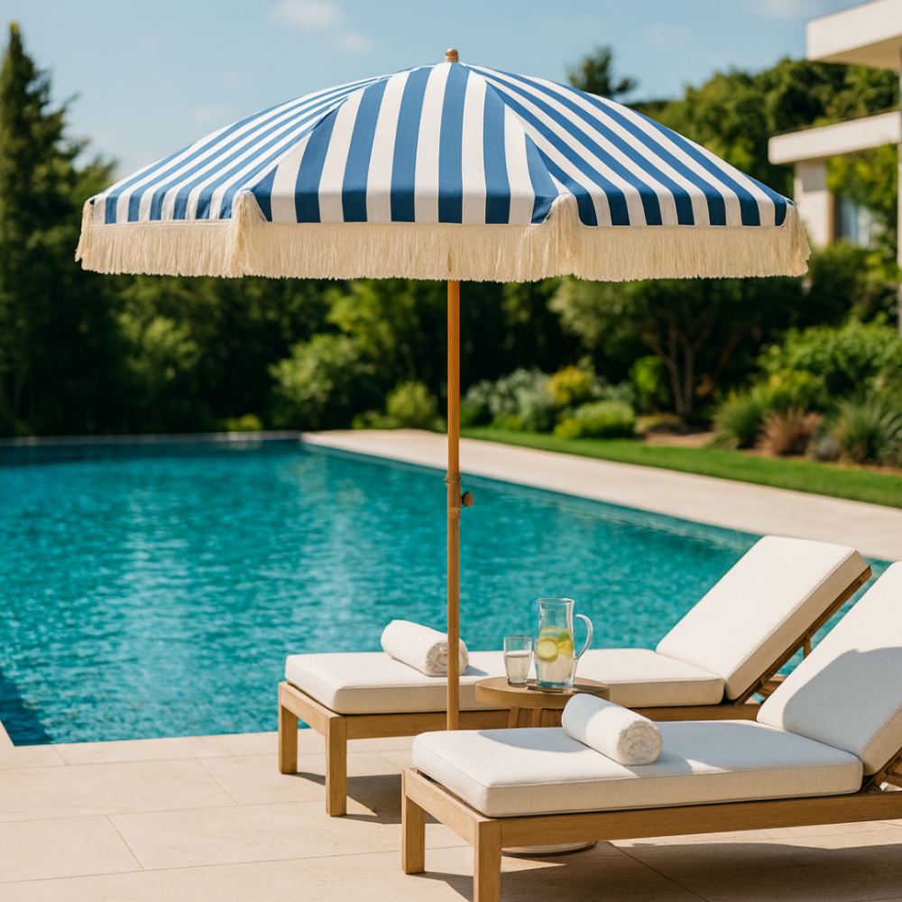 Beach Umbrella – 200cm UV Protection with Blue/White Stripes