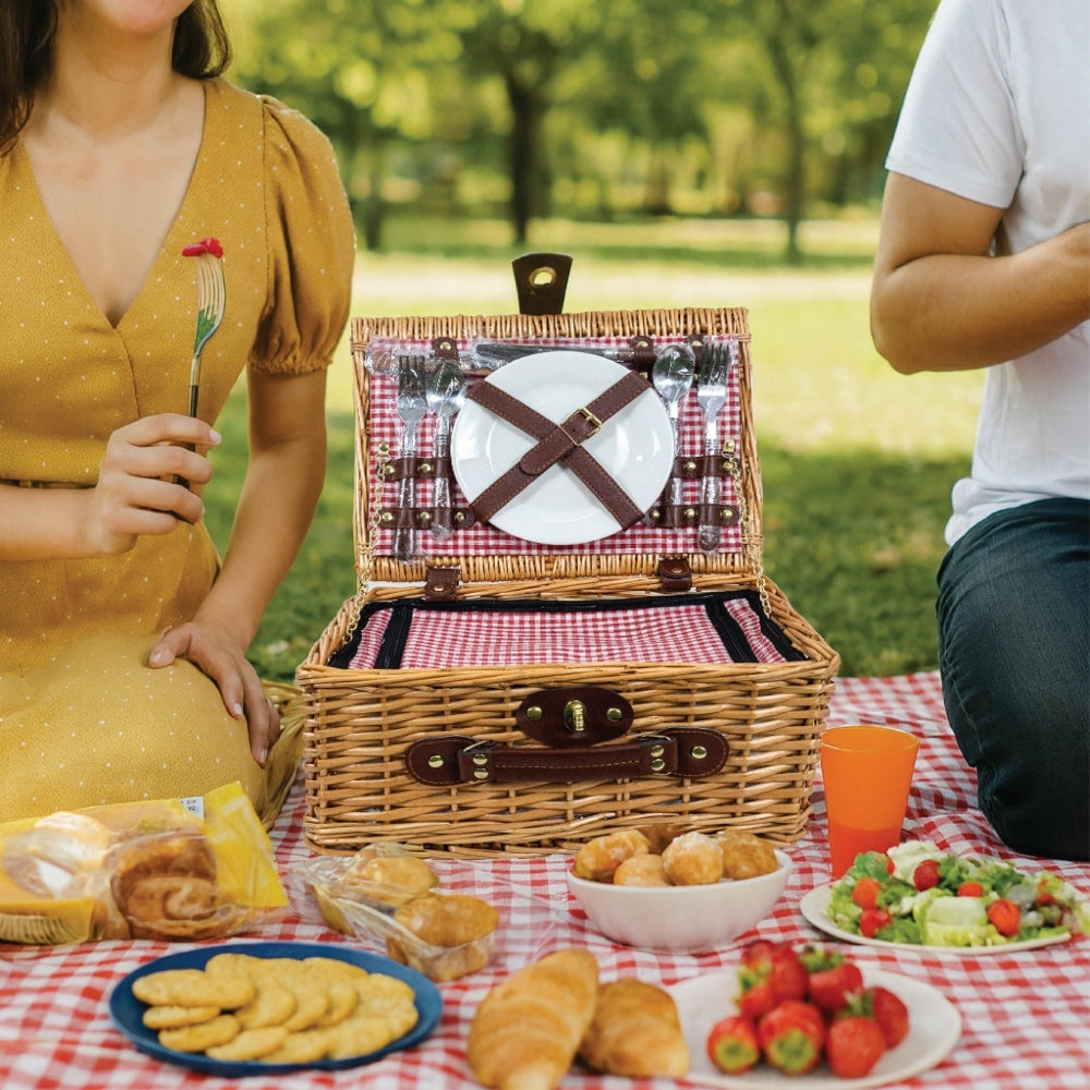 Compact 2-Person Wicker Picnic Basket Set - Red/Blue