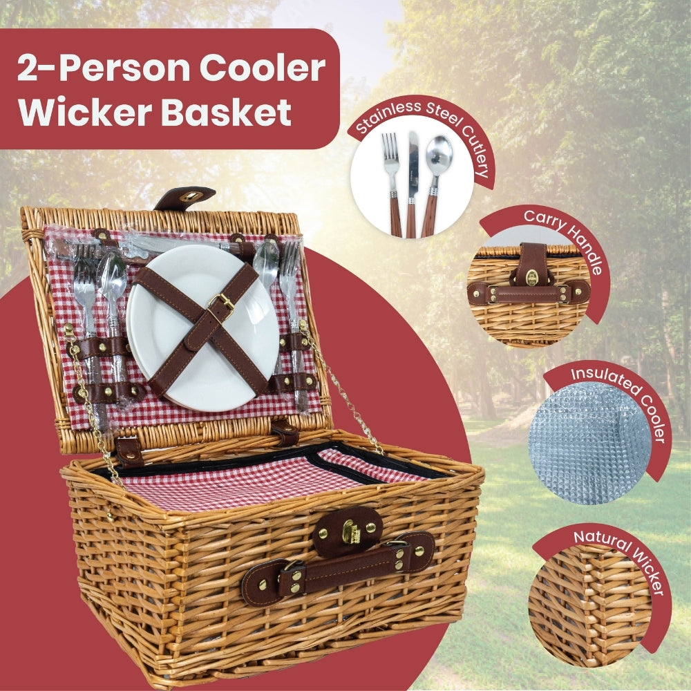 Compact 2-Person Wicker Picnic Basket Set - Red/Blue