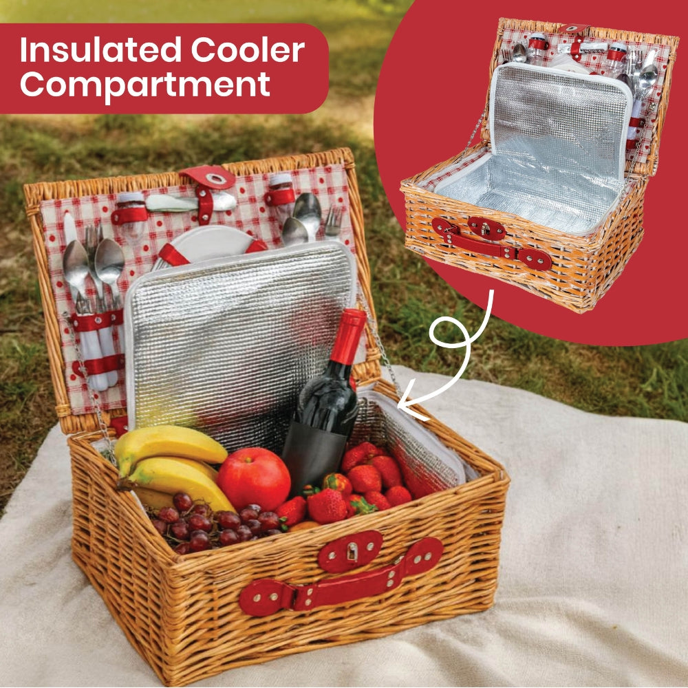 Classic Full Willow Wicker Basket – 4-Person Picnic Set with Blanket - Red Hearts