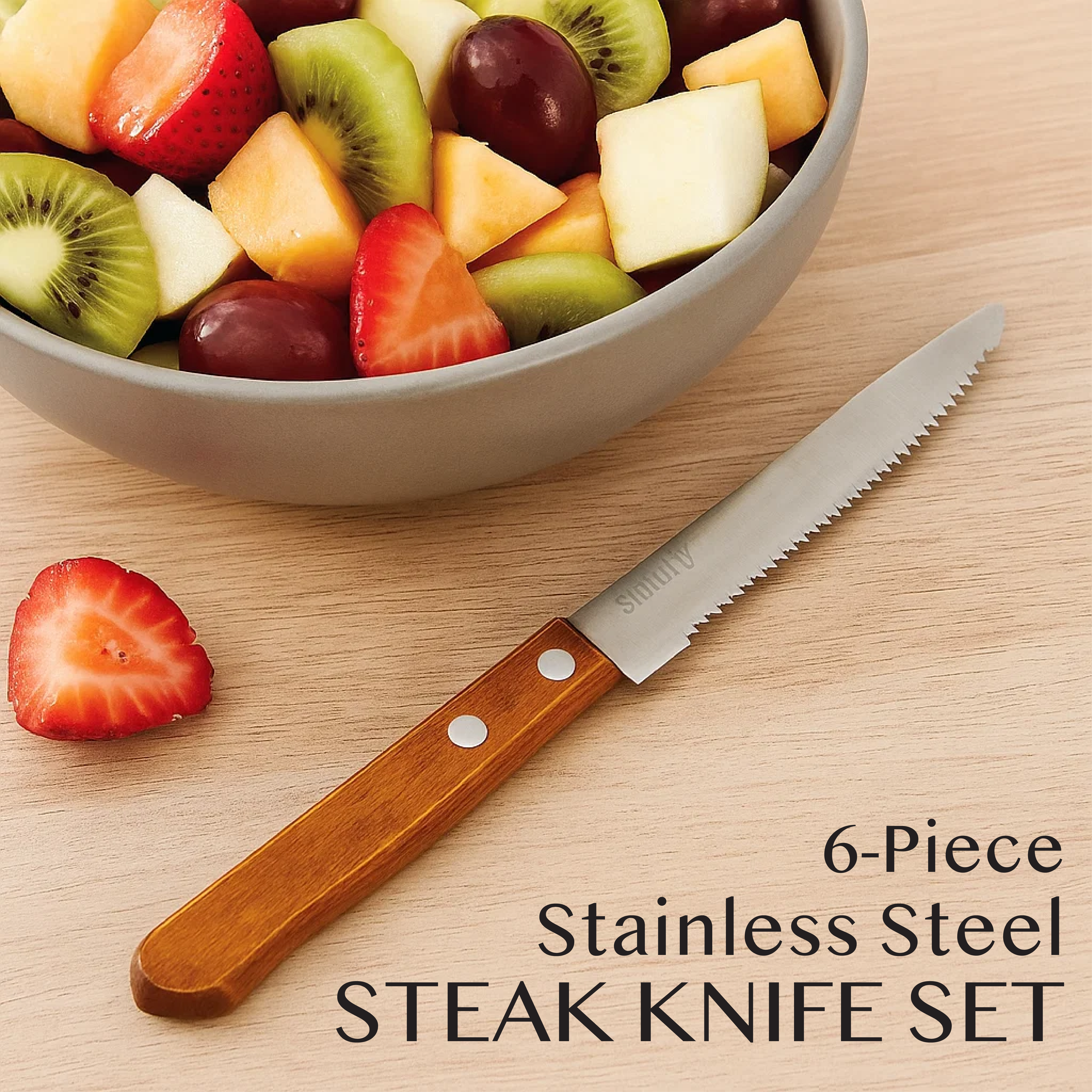 سكاكين من الفولاذ المقاوم للصدأ بمقبض خشبي - مجموعة من 6 قطع