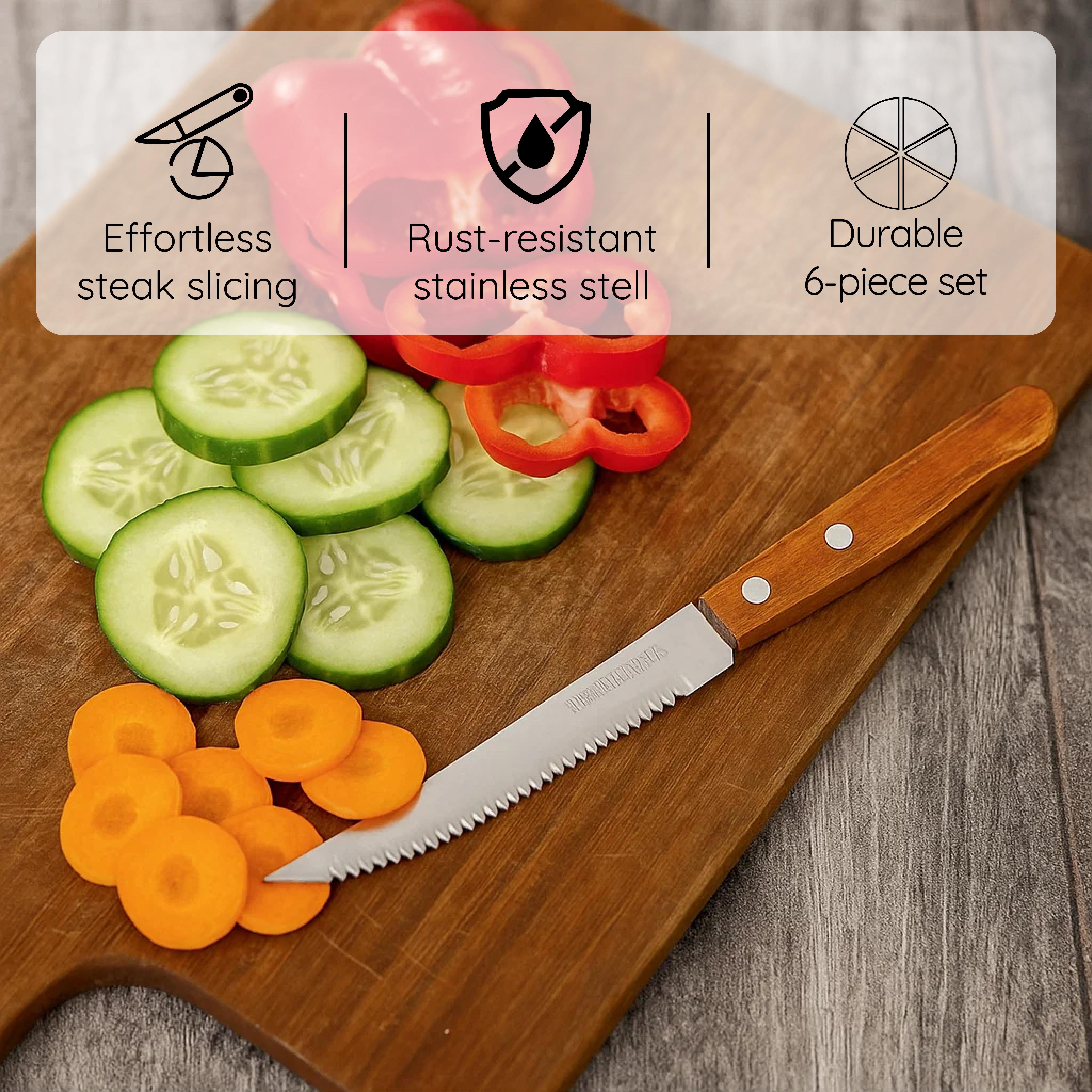 سكاكين من الفولاذ المقاوم للصدأ بمقبض خشبي - مجموعة من 6 قطع