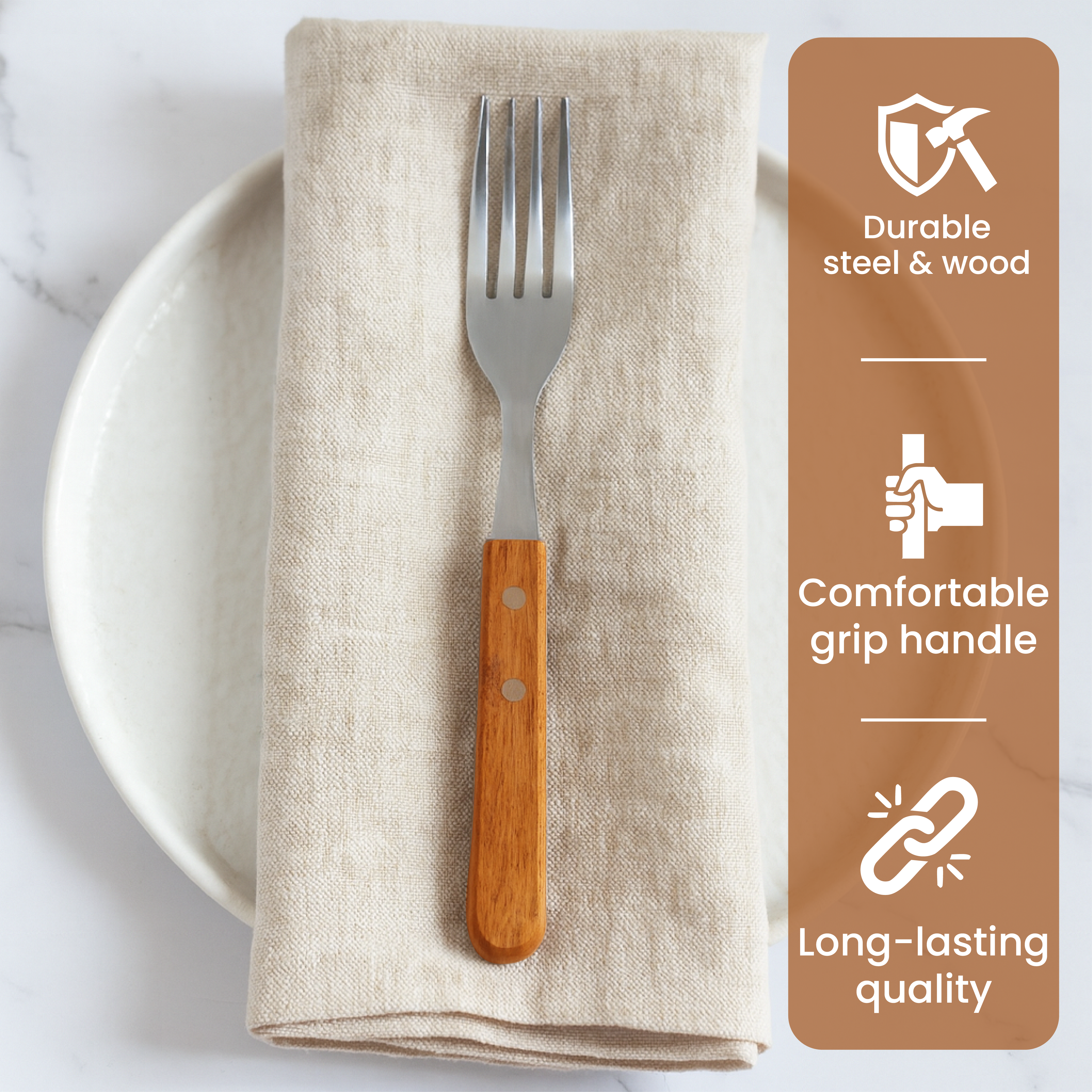 شوك من الفولاذ المقاوم للصدأ بمقبض خشبي - مجموعة من 6 قطع