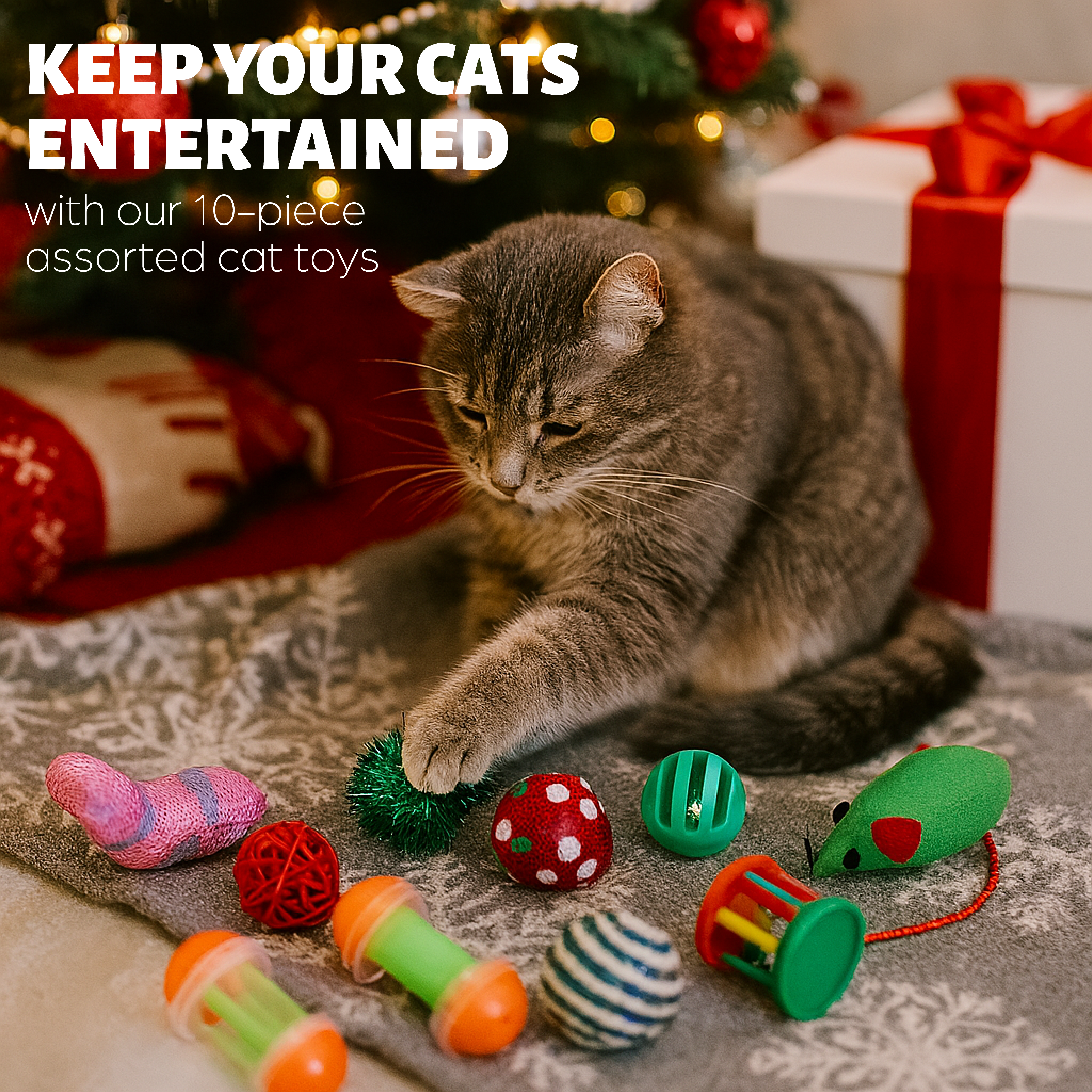 Cat Toys in Christmas Stocking - Set of 10