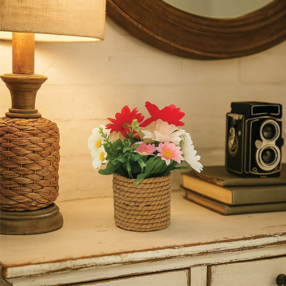 Artificial Flowers in Threaded Rope Basket – 3 Colour Variant Plants