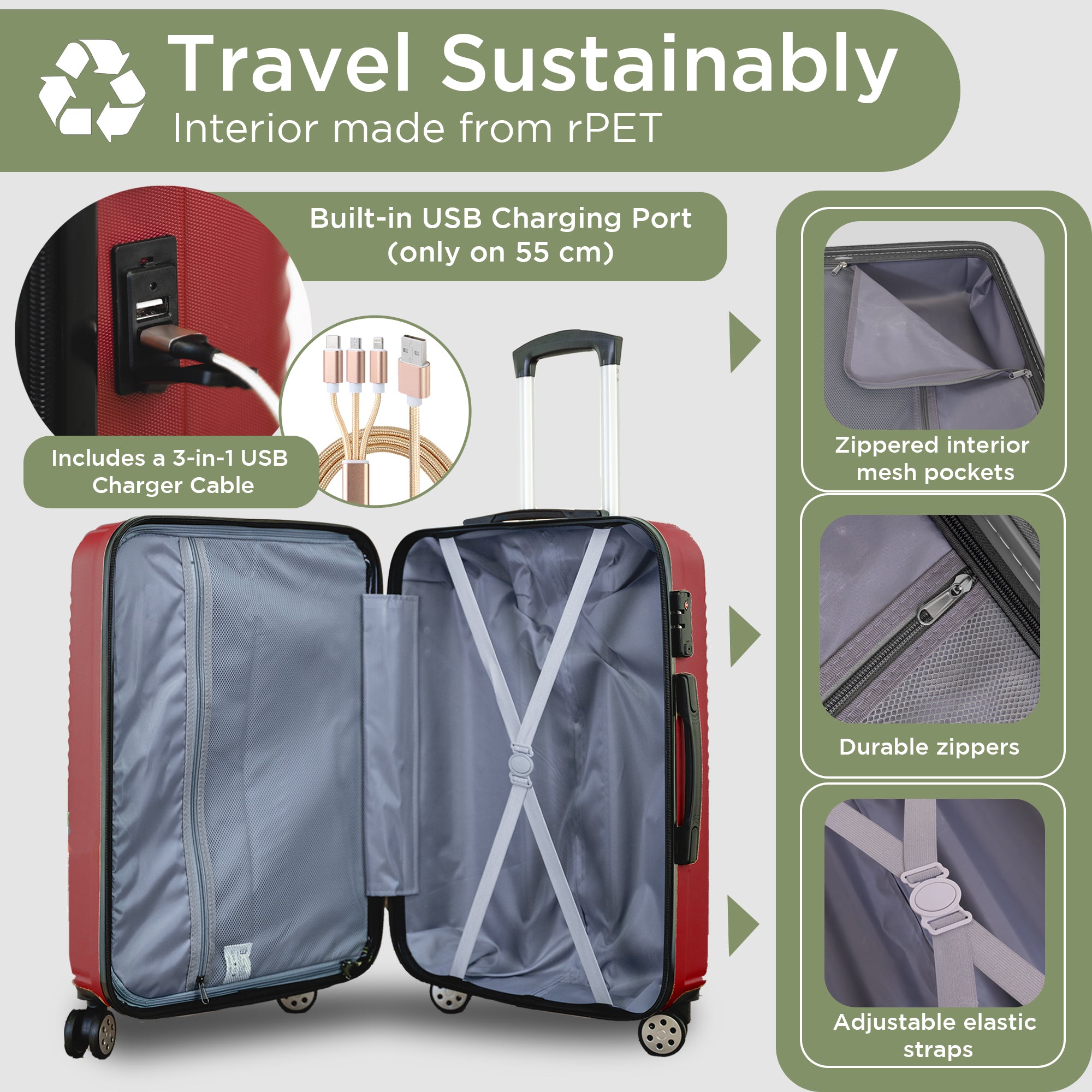 مجموعة حقائب سفر سانتوريني الصلبة - عجلات دوارة 360 درجة - 4 قطع - أحمر