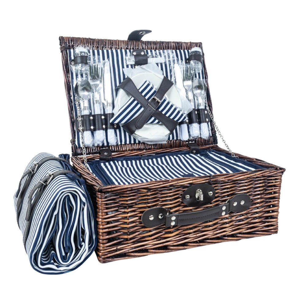 Classic Full Willow Wicker Basket – 4-Person Picnic Set with Blanket - Navy Stripes