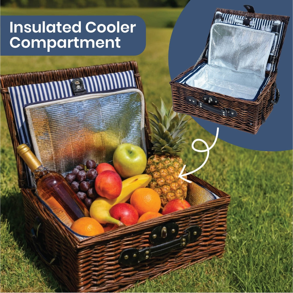 Classic Full Willow Wicker Basket – 4-Person Picnic Set with Blanket - Navy Stripes