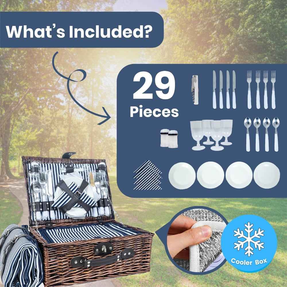 Classic Full Willow Wicker Basket – 4-Person Picnic Set with Blanket - Navy Stripes
