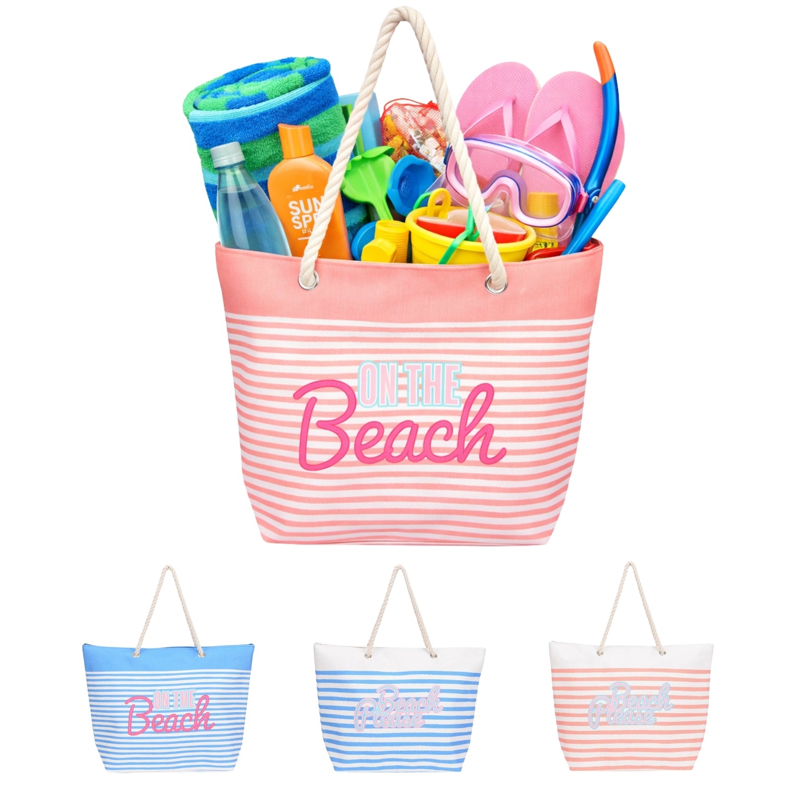 Bolso de playa de rayas con asas de cuerda