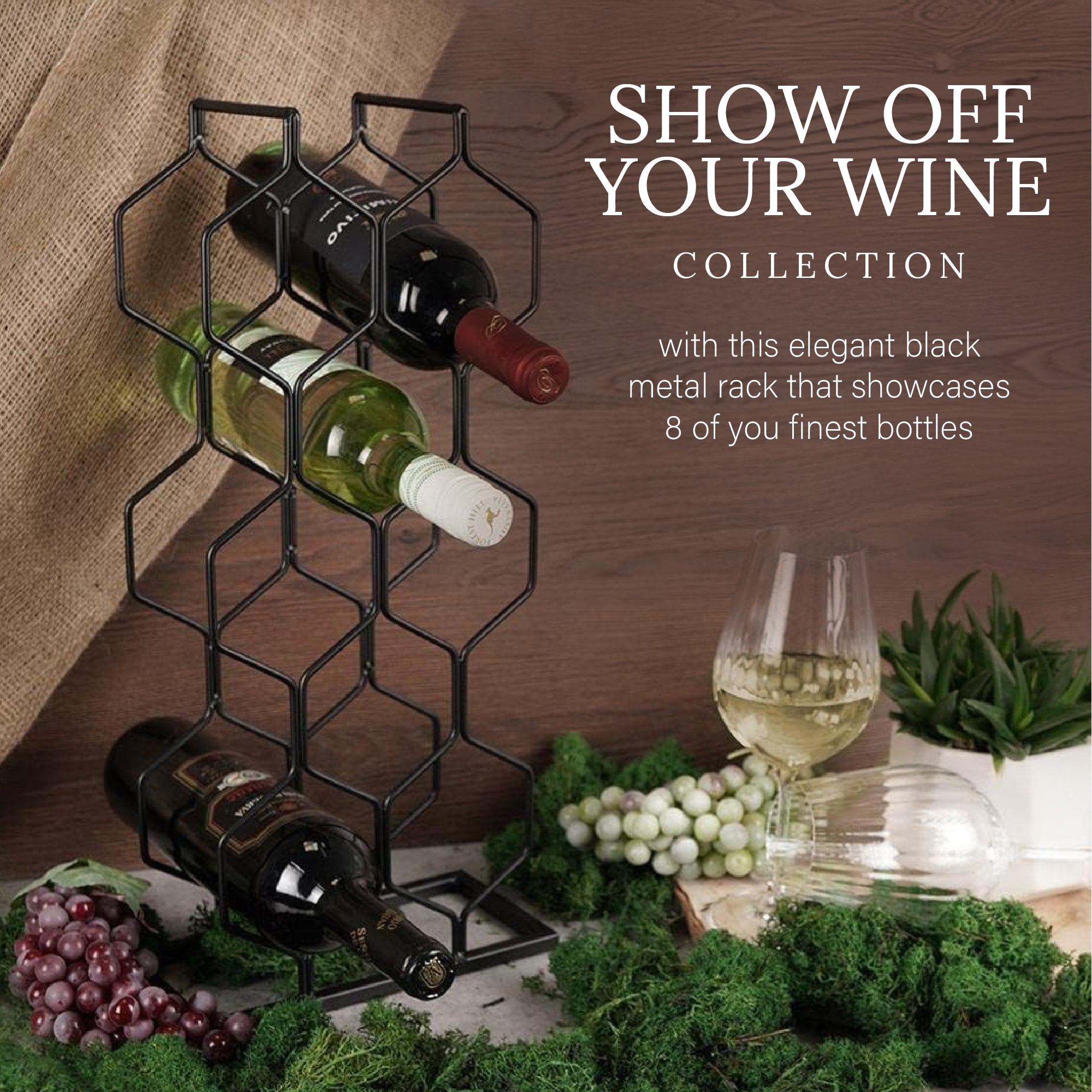 رف نبيذ معدني أسود مزخرف - يحمل 8 زجاجات (48 × 23 × 11 سم)
