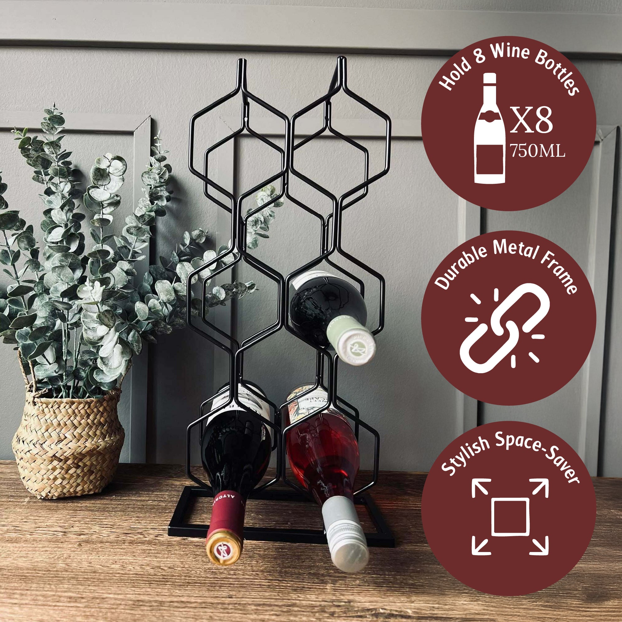 رف نبيذ معدني أسود مزخرف - يحمل 8 زجاجات (48 × 23 × 11 سم)