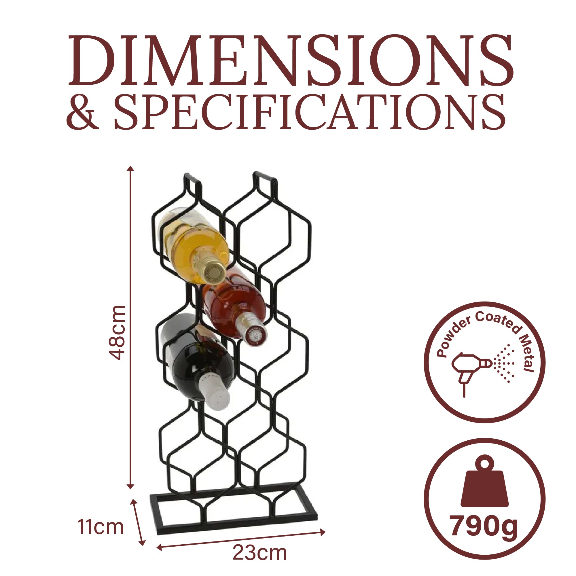 رف نبيذ معدني أسود مزخرف - يحمل 8 زجاجات (48 × 23 × 11 سم)