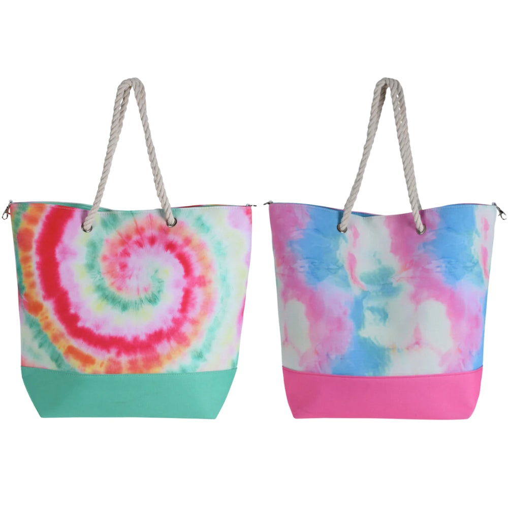 Beach Bag with Rope Handles and Magnetic Seal - Tie Dye Design