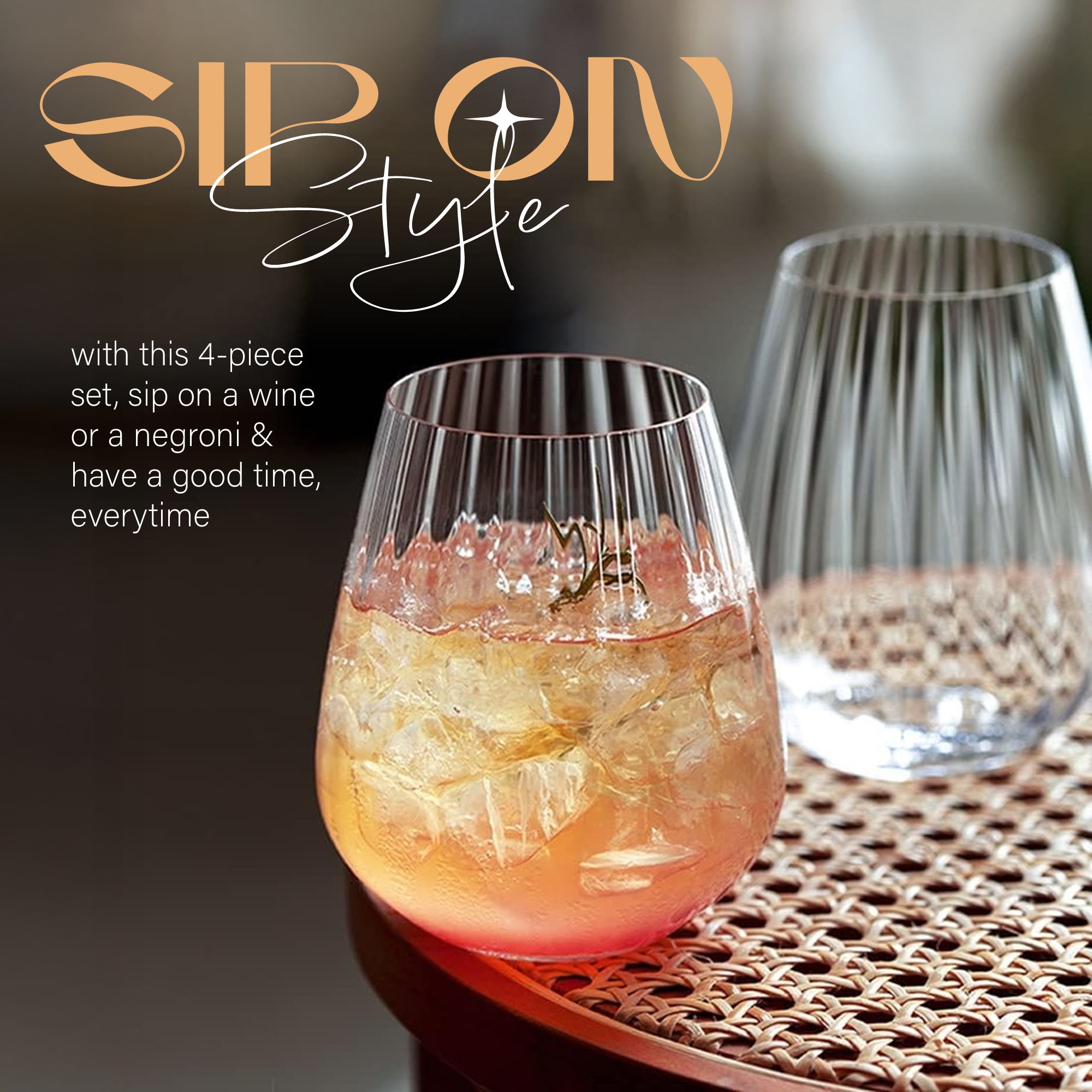 أكواب ويسكي مستديرة فاخرة وأكواب شرب - مجموعة من 4 قطع × 440 مل