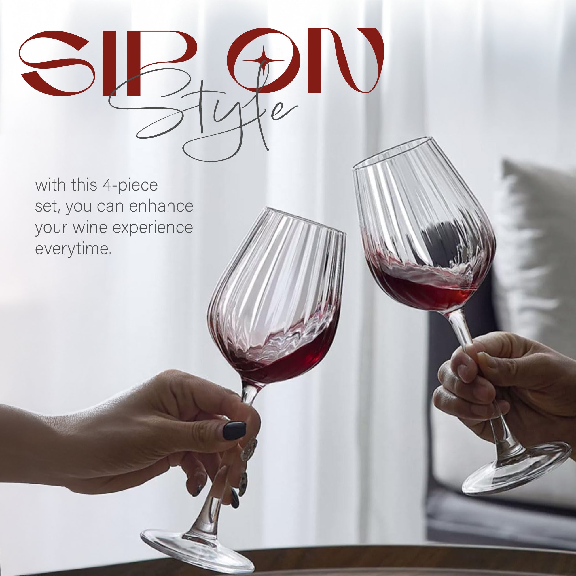 كؤوس نبيذ أحمر مخططة فاخرة وكؤوس نبيذ أبيض - مجموعة من 4 قطع × 500 مل