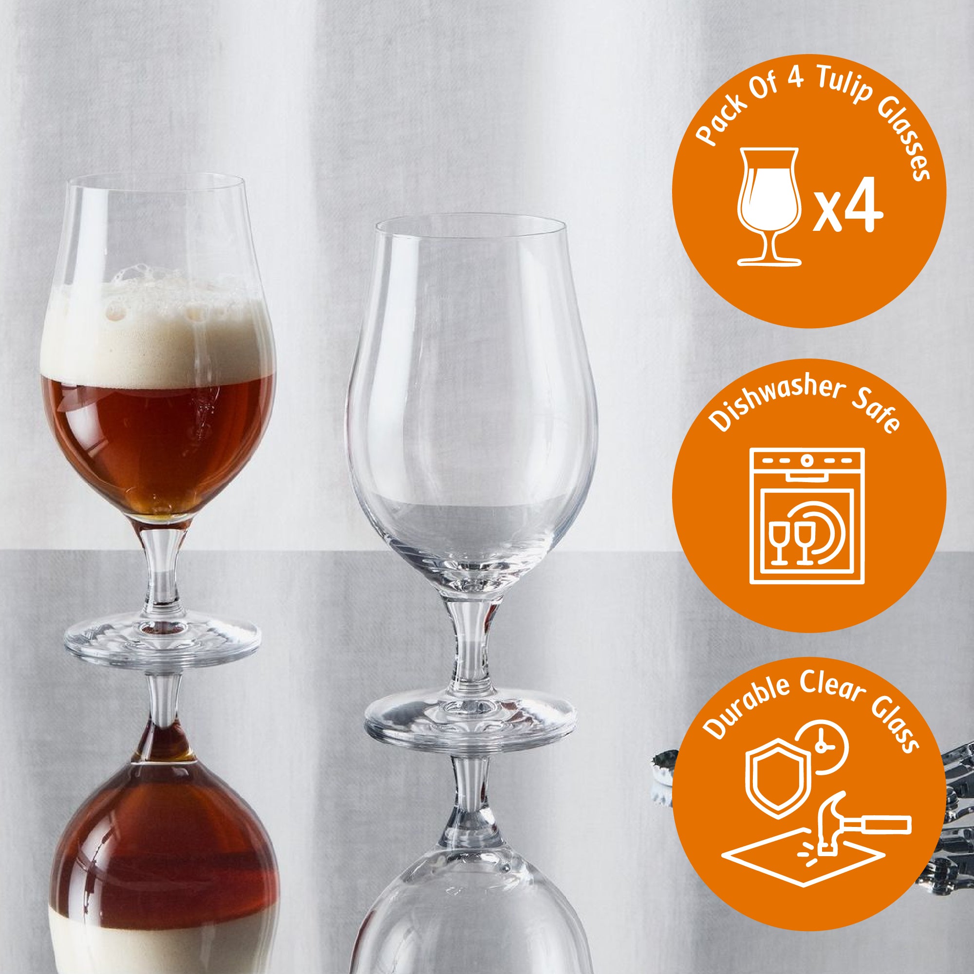طقم أكواب بيرة فاخر من 4 قطع × 370 مل - زجاج شفاف متين وآمن للاستخدام في غسالة الأطباق