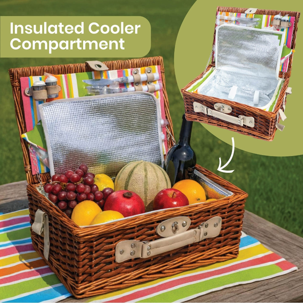 Classic Full Willow Wicker Basket – 4-Person Picnic Set with Blanket - Orange Stripes