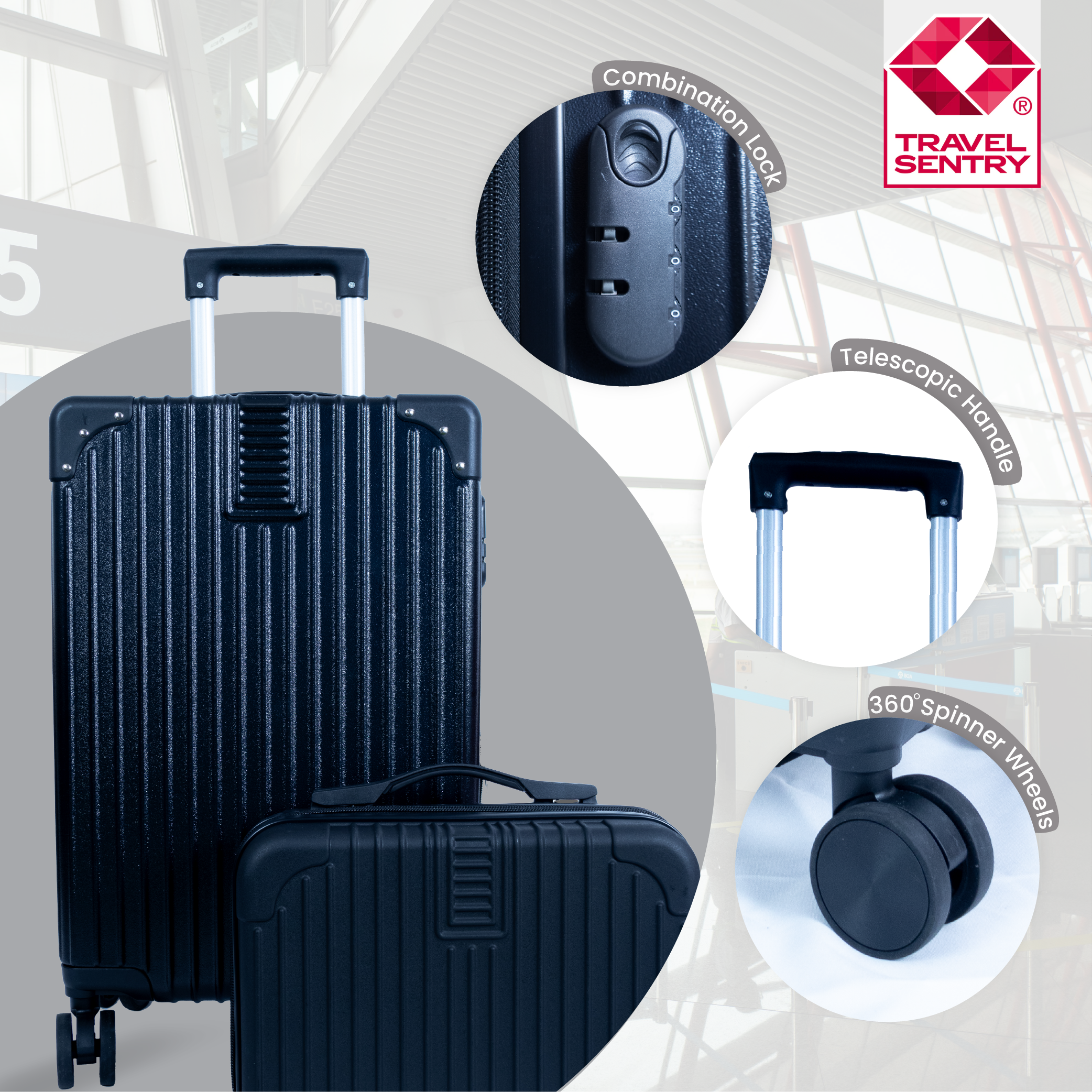 Dubai Hard Shell Carry-On Suitcase with Cosmetic Case - Jet Black