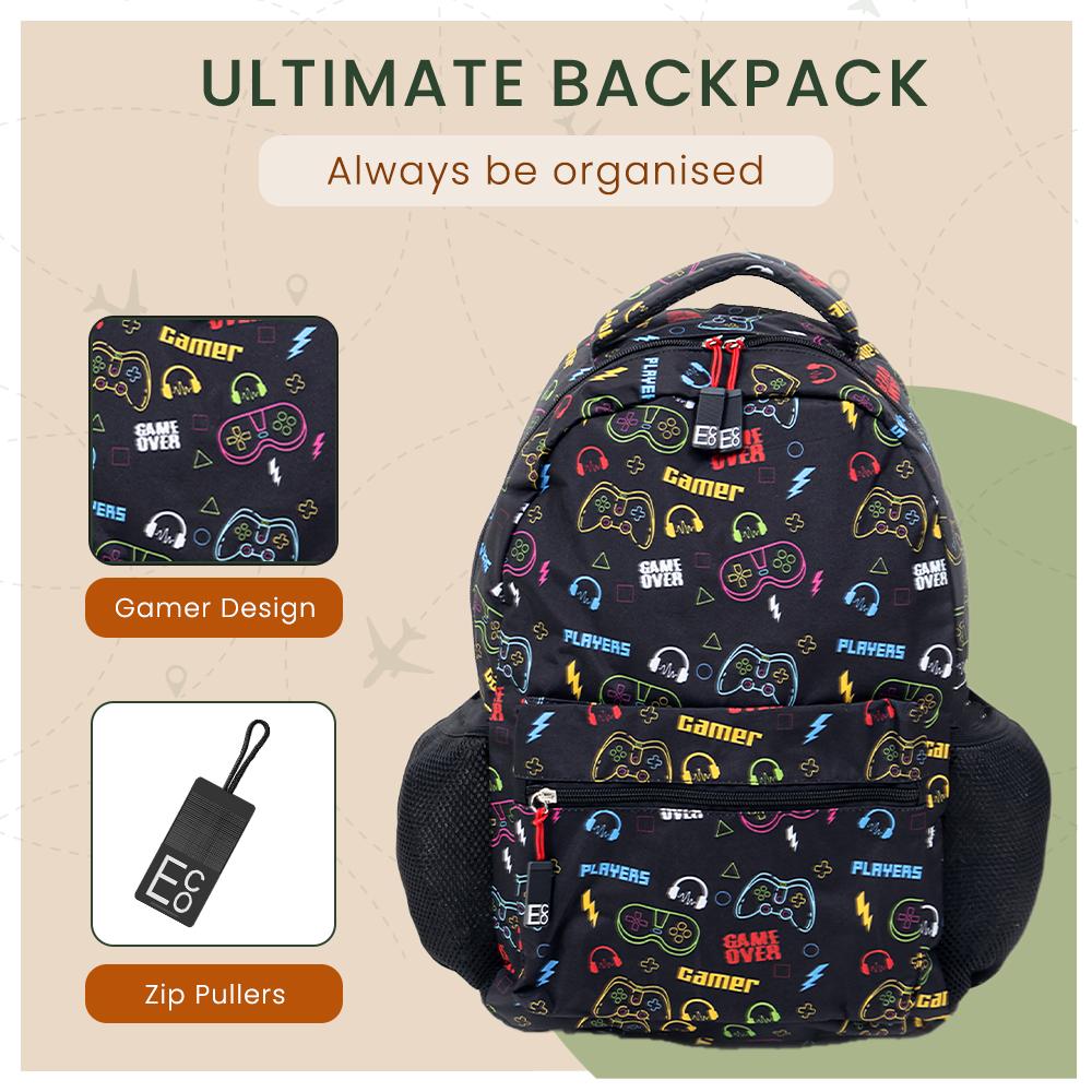 Game Over Backpack | Gaming School Bag with Gamer Icon Print