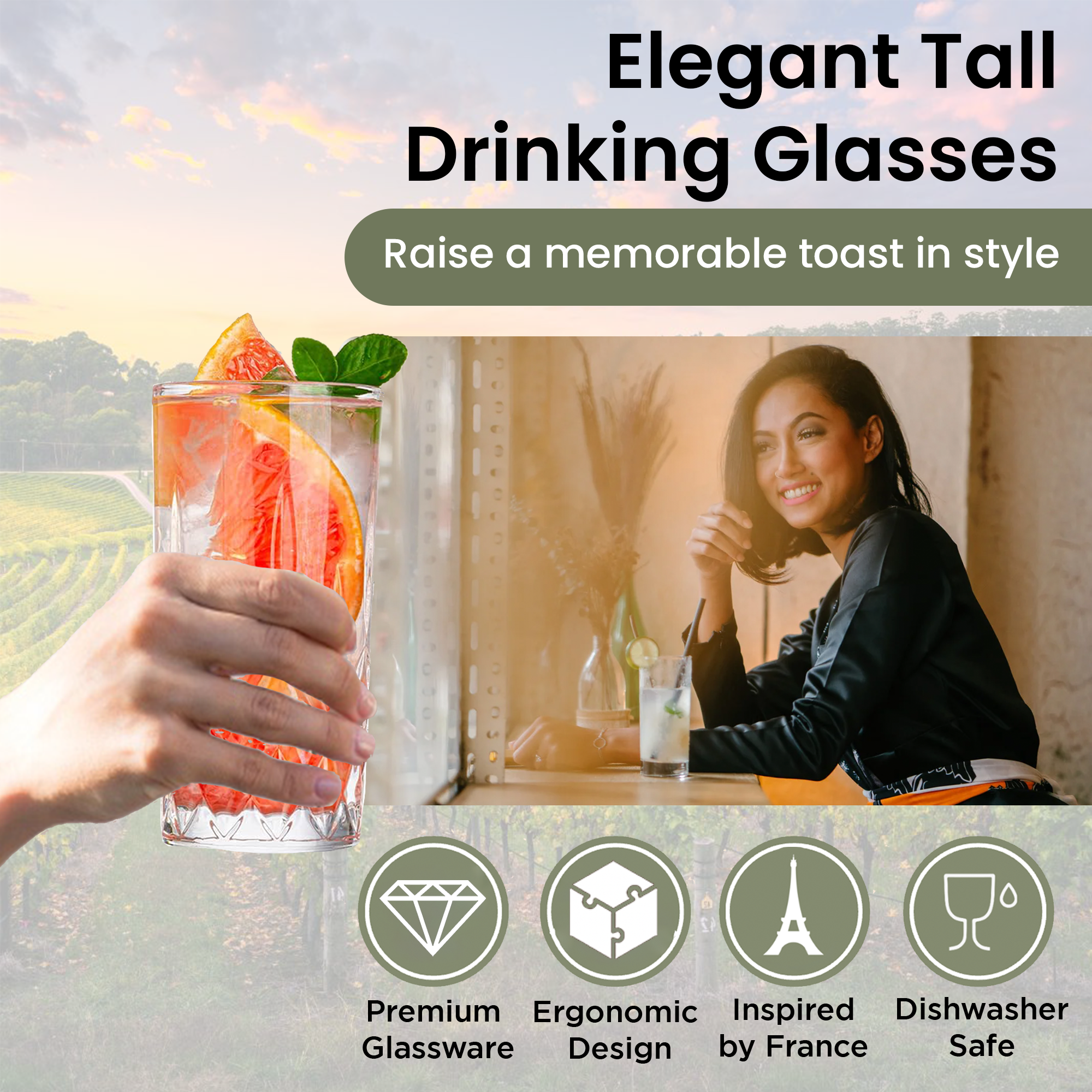 أكواب شرب مقطوعة بالماس - مجموعة من 4 قطع - 300 مل