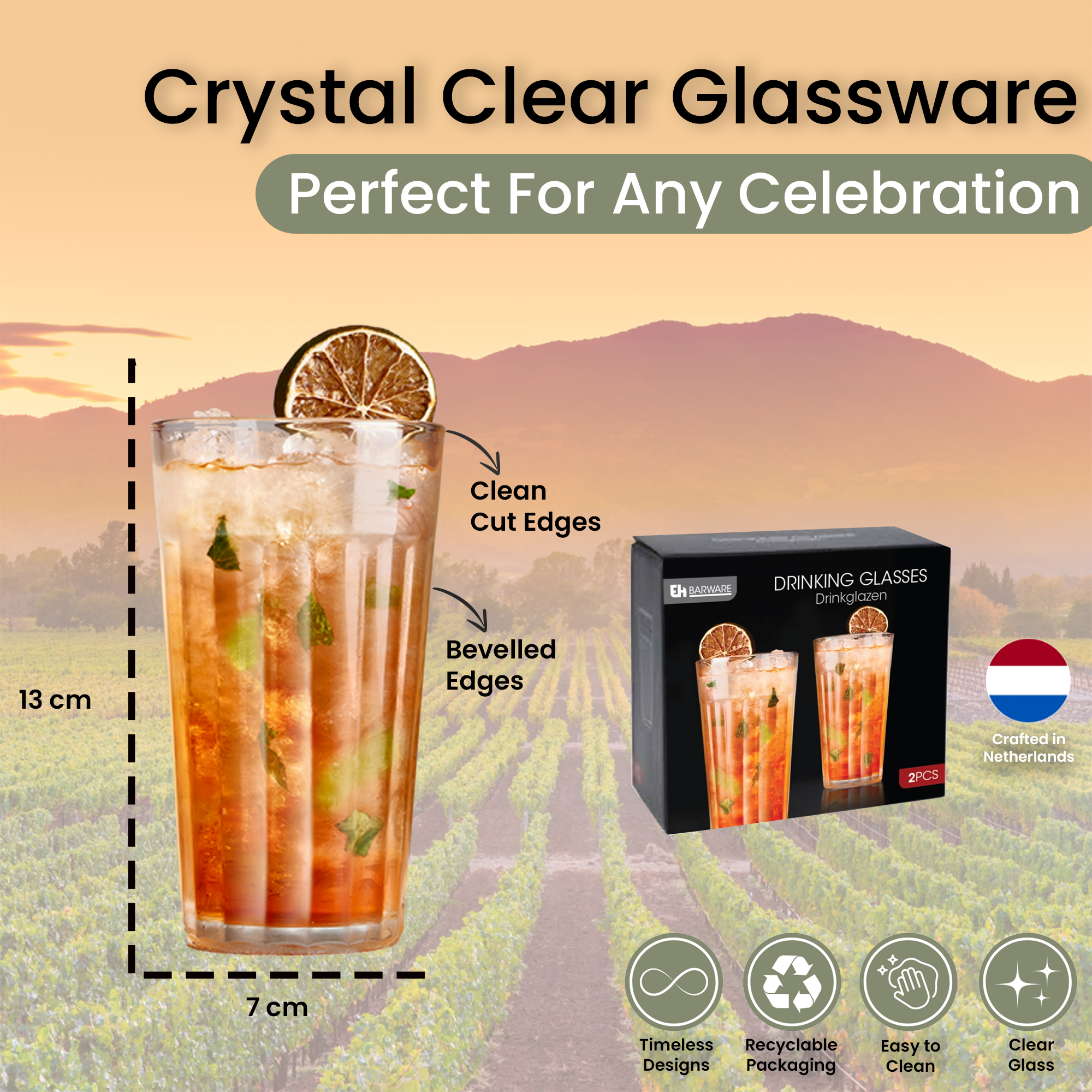 أكواب شرب مقطوعة بالماس - مجموعة من 4 قطع - 300 مل