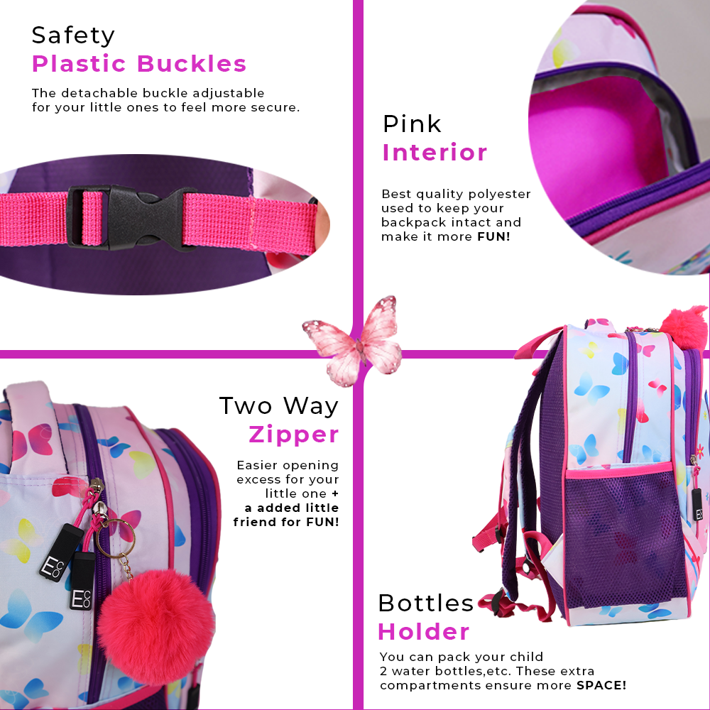 Mochila infantil Butterfly 3 en 1 con lonchera y bolsa para lápices