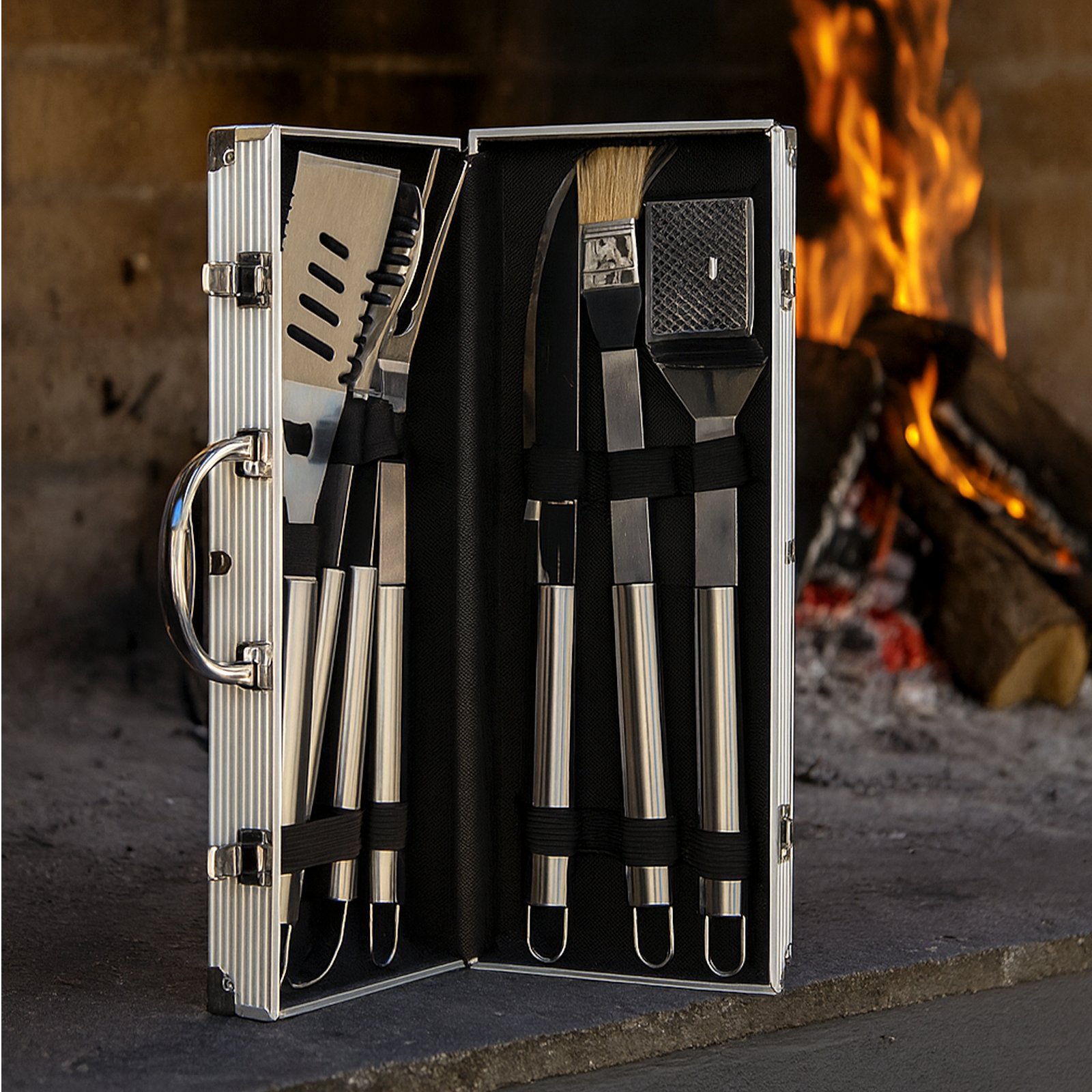 مجموعة أدوات الشواء الفاخرة المصنوعة من الفولاذ المقاوم للصدأ في حقيبة حمل - 6 قطع