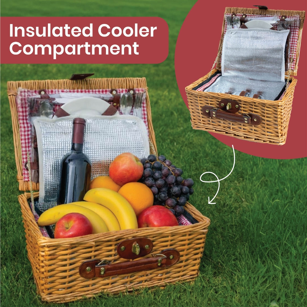 Compact 2-Person Wicker Picnic Basket Set - Red/Blue