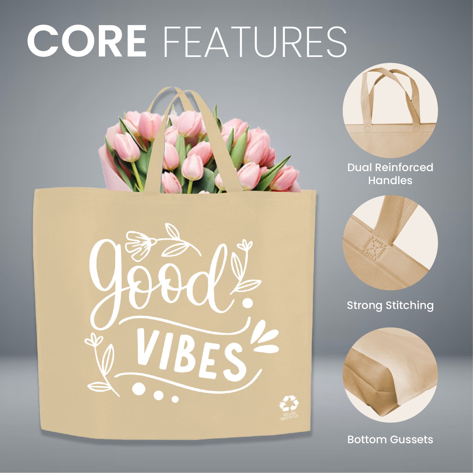 SHOP40 - Good Vibes Reusable Non-Woven Shopping Bag | 70GSM, 29L