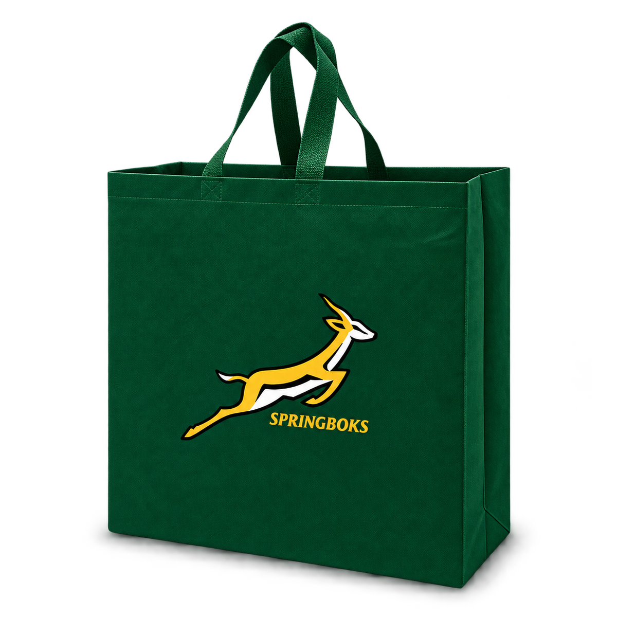 A dark green reusable tote bag with the South African Springboks logo printed on the front, featuring yellow and white details and the word 'SPRINGBOKS' underneath, set against a plain white background.