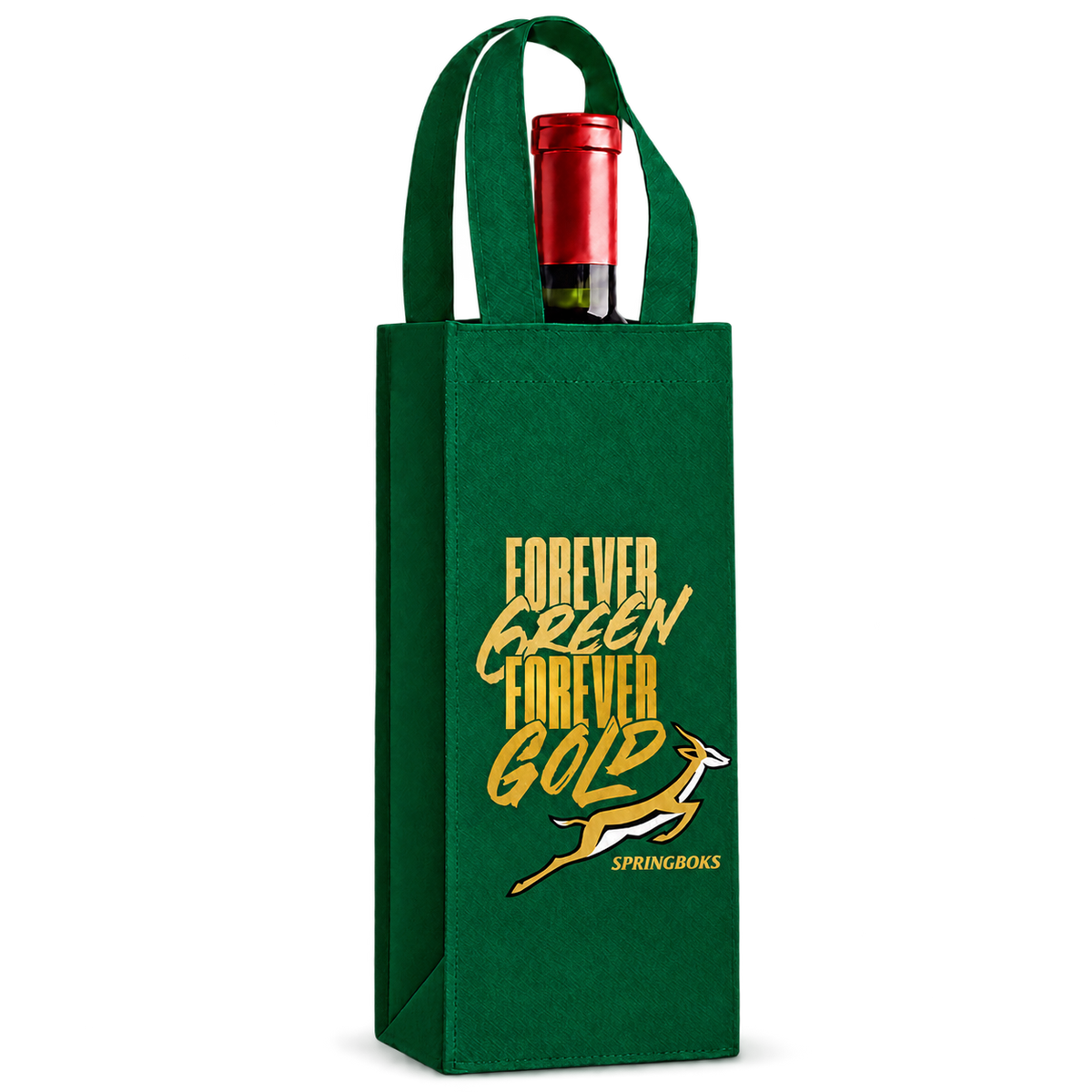 A green reusable wine bag with gold and white Springbok-themed text and graphic, shown holding a wine bottle against a plain white background.