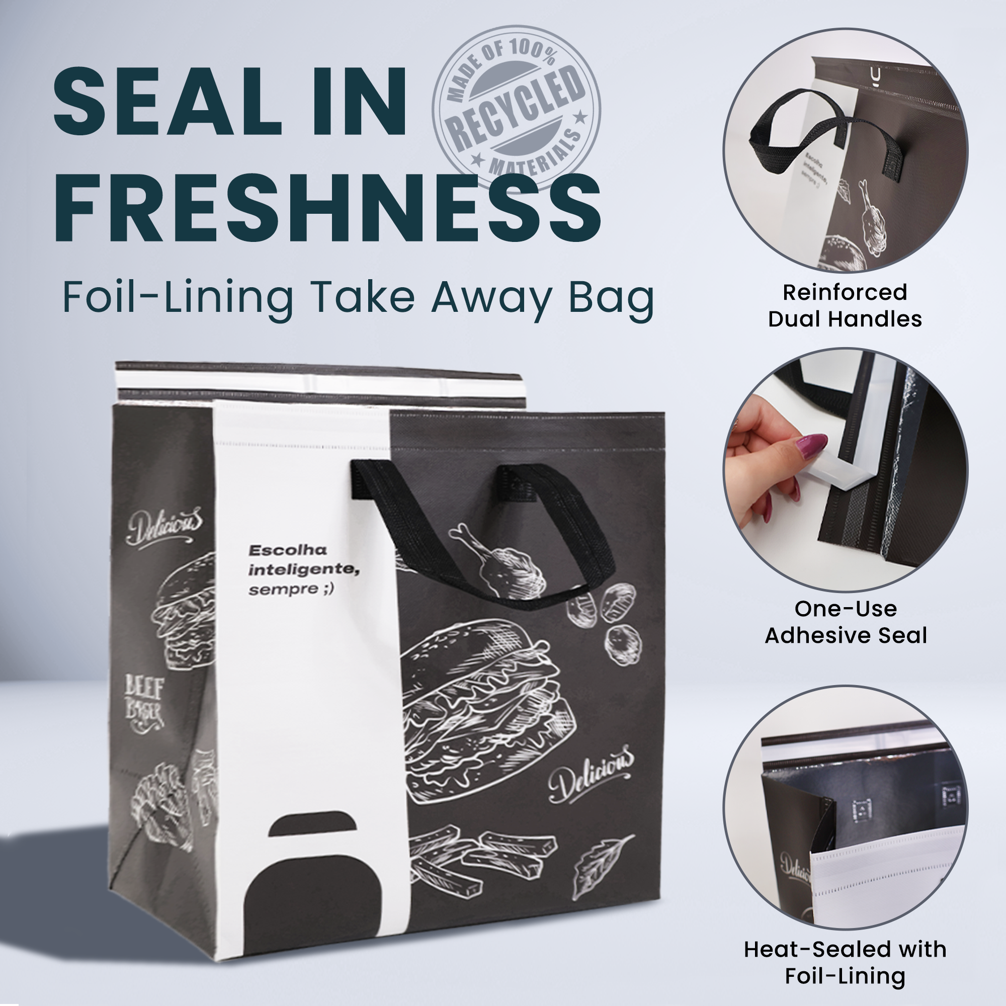 TA-S30 - Reusable Laminated Take Away Bag with Adhesive Seal | 70GSM, 21L