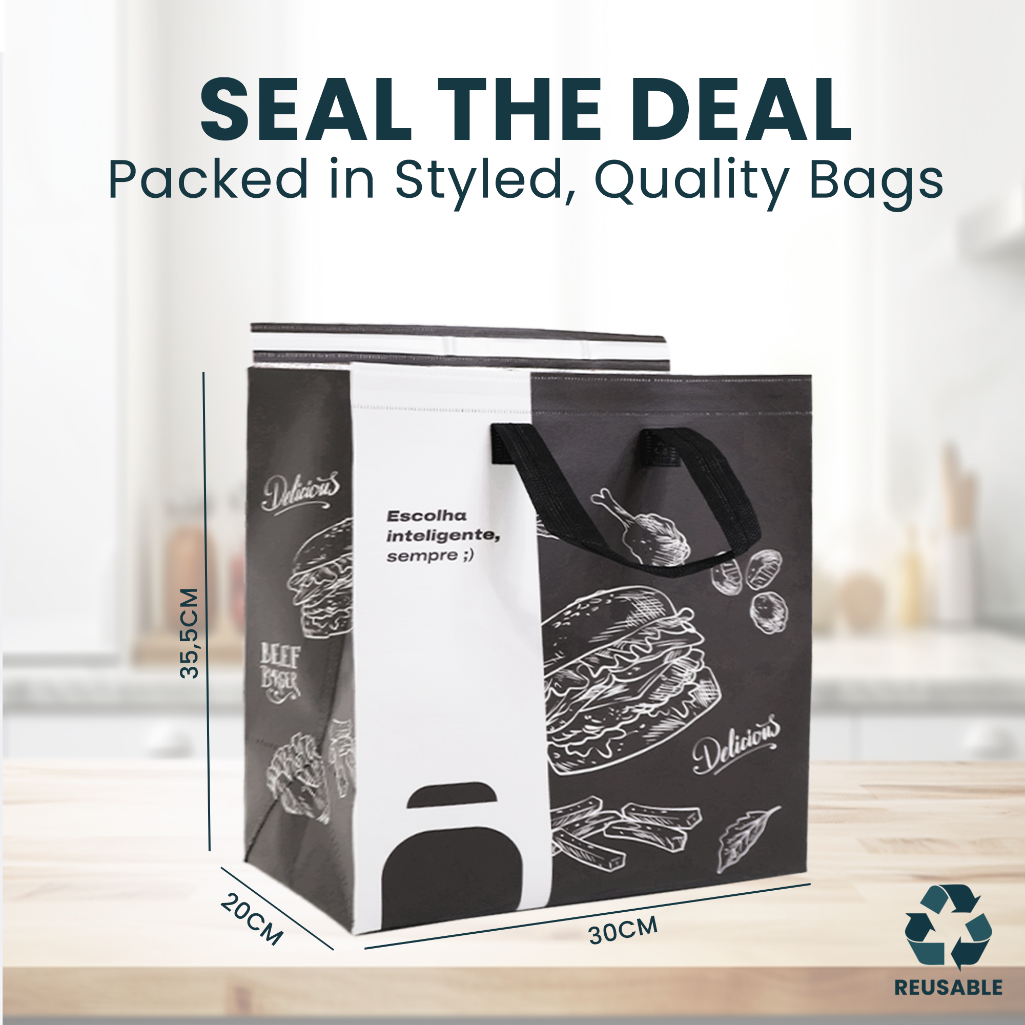 TA-S30 - Reusable Laminated Take Away Bag with Adhesive Seal | 70GSM, 21L