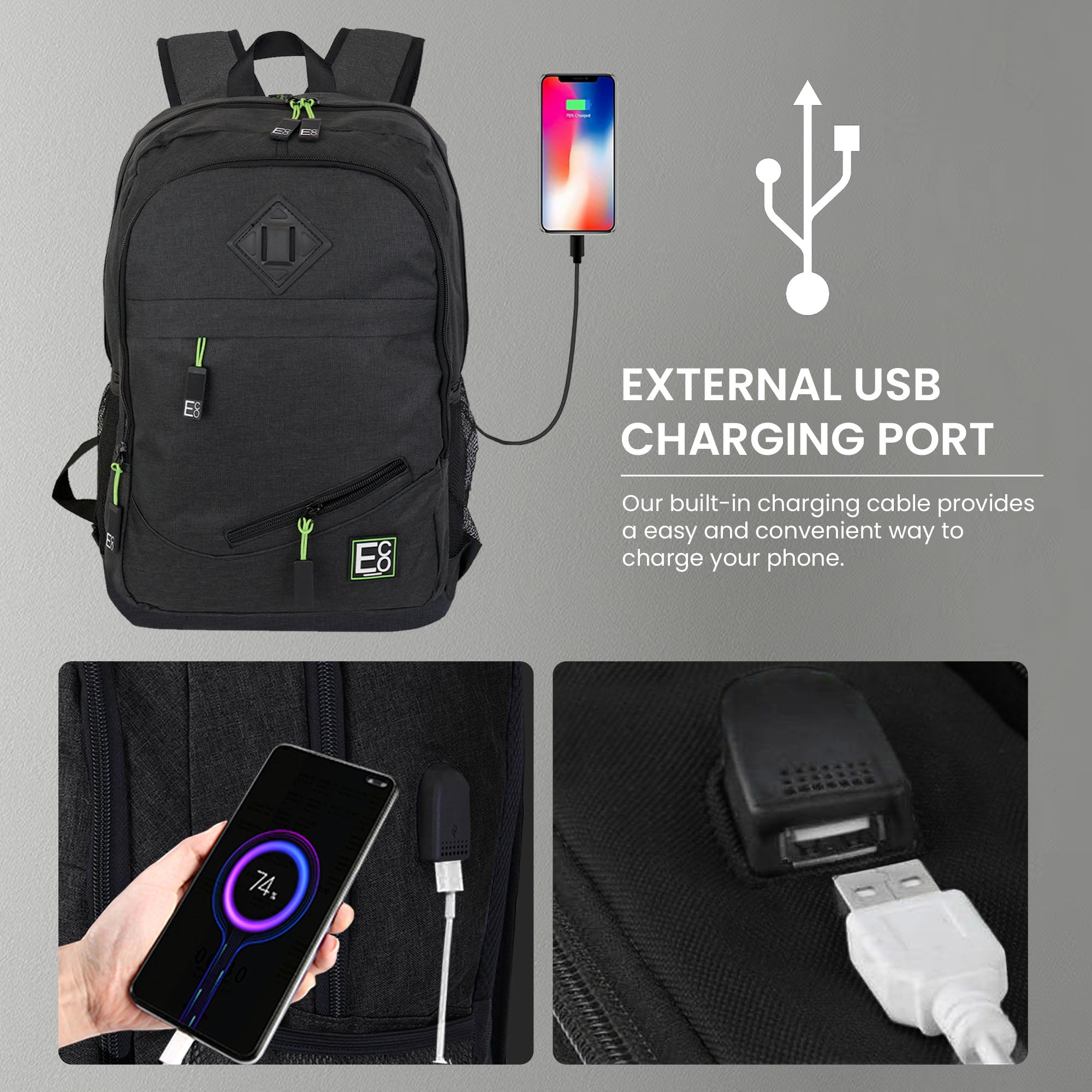 Mochila con puerto USB de carga para computadora portátil o teléfono