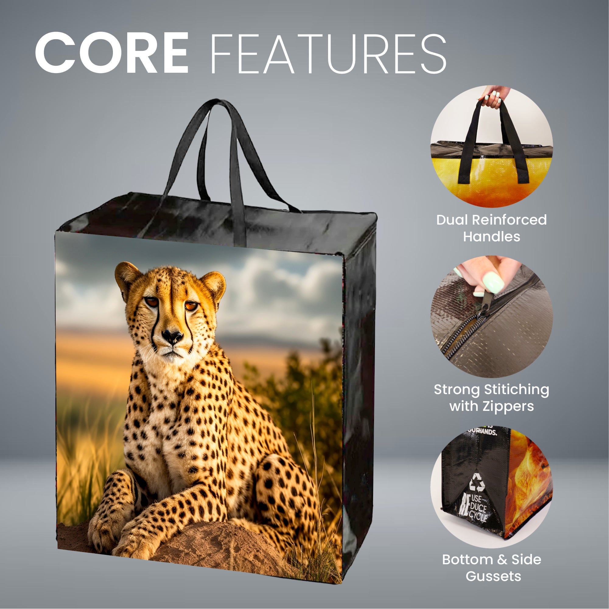 SHOP02-T - Assorted Wildlife Reusable Laminated Taxi Shopping Bag with Zipper | 120GSM, 56L