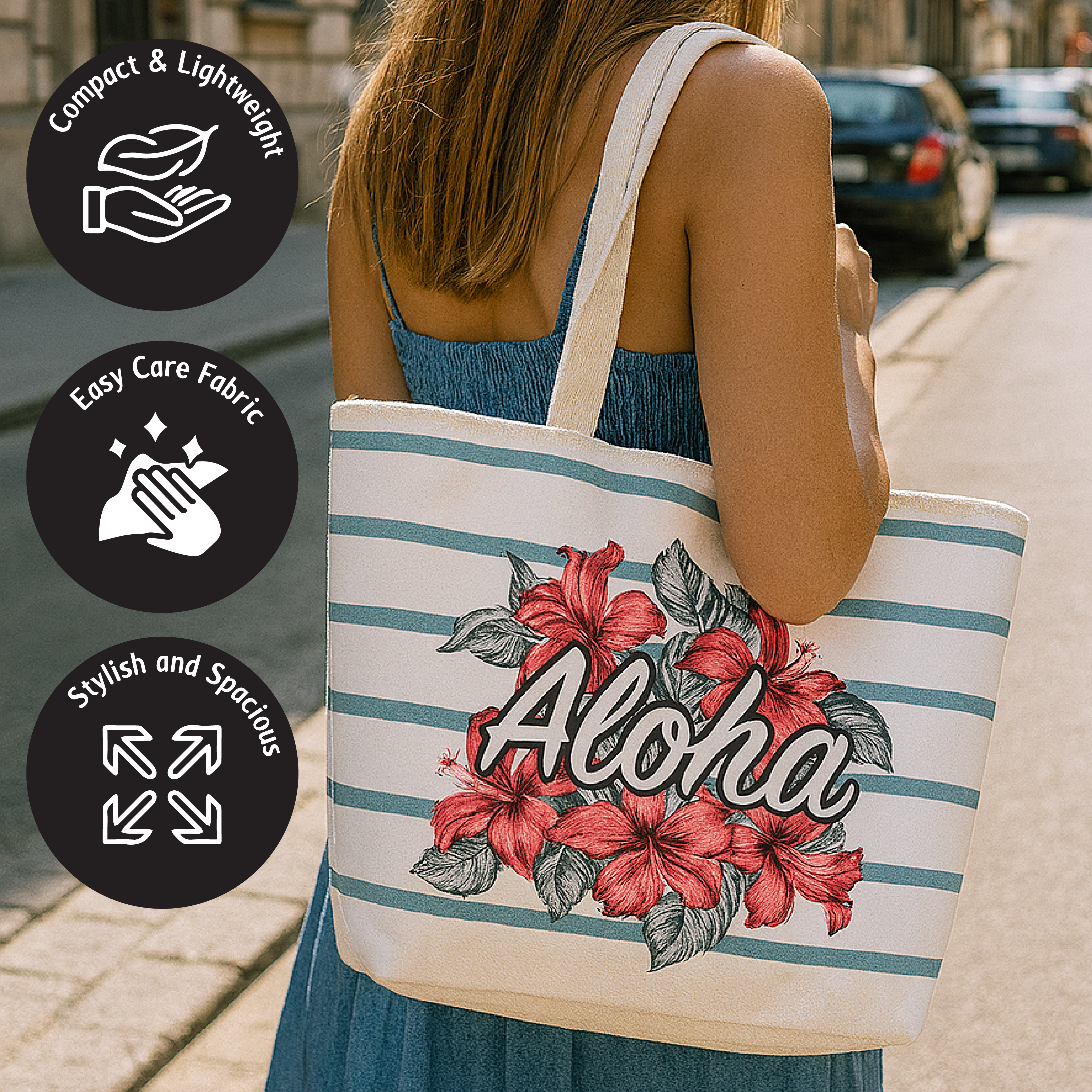 Beach Bag with Aloha Print and Floral Design